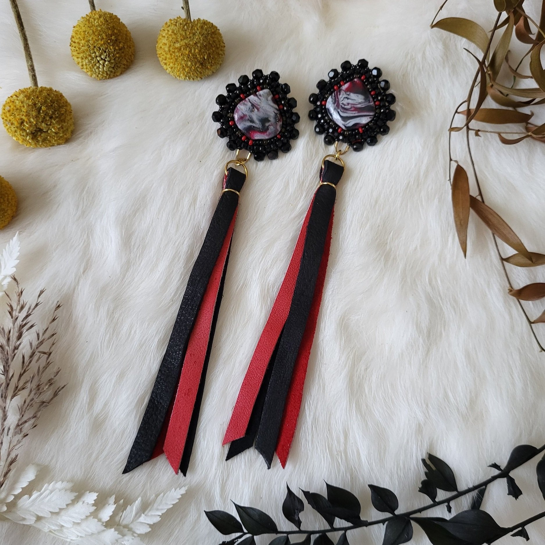 Beaded Black & Red Tassel Earrings