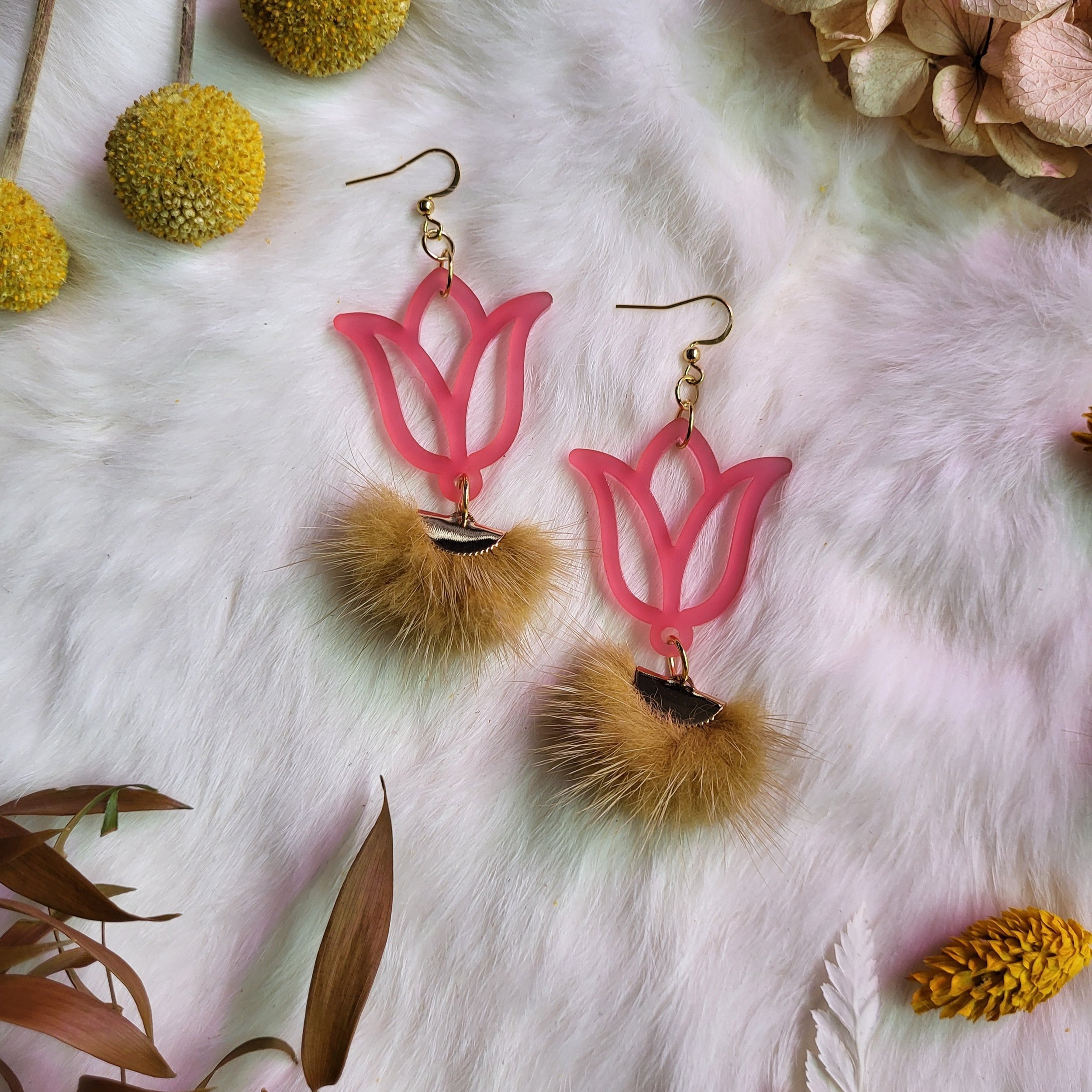 Pink Floral Mink Earrings