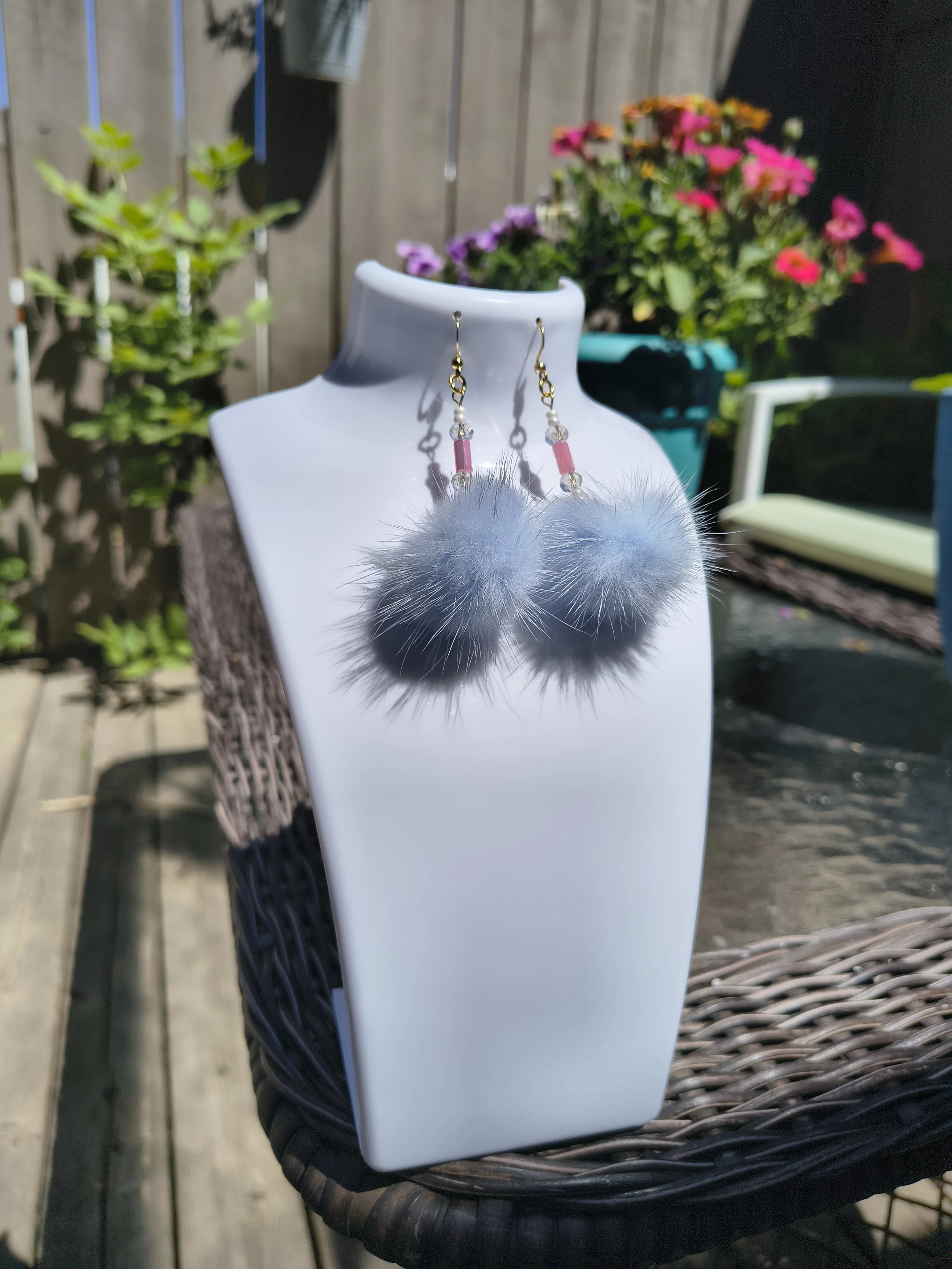 Blue Mink Fur & Shell Earrings