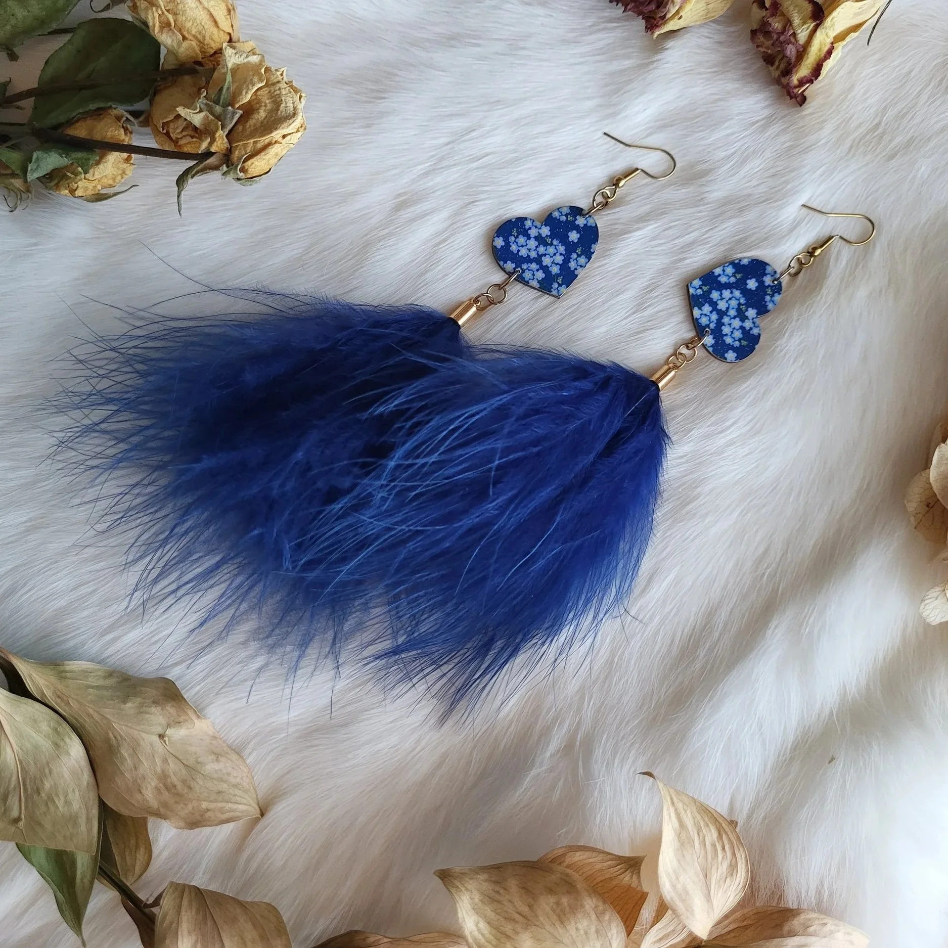 Wood Hearts & Feather Earrings