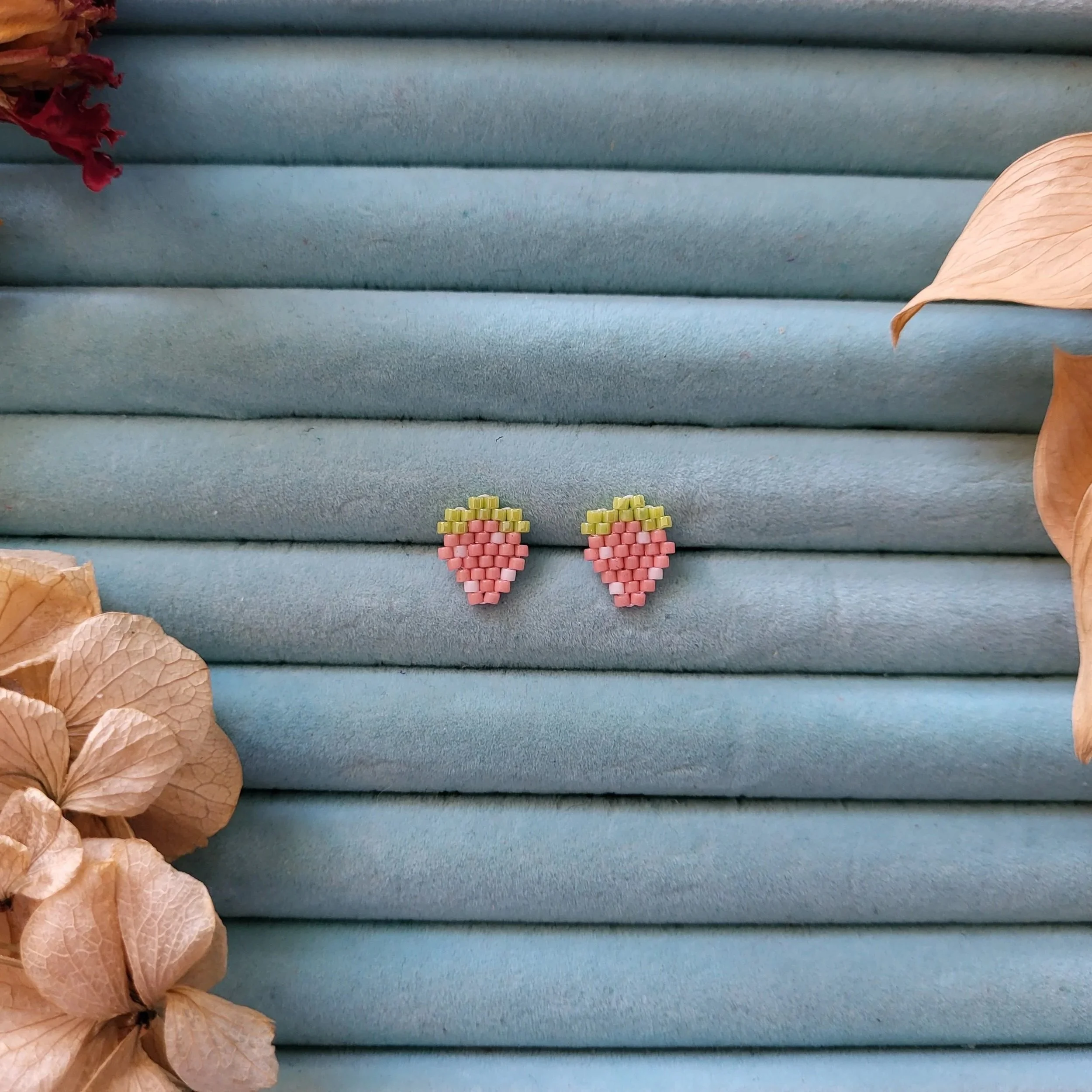 Beaded Pink Strawberry Studs