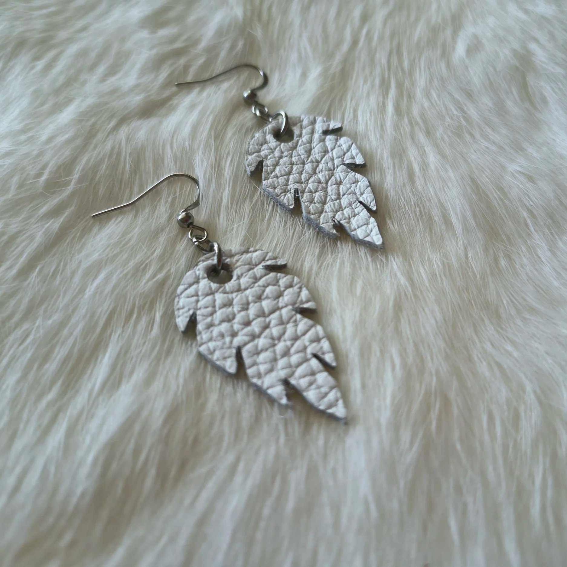 White Leather Leaf Earrings