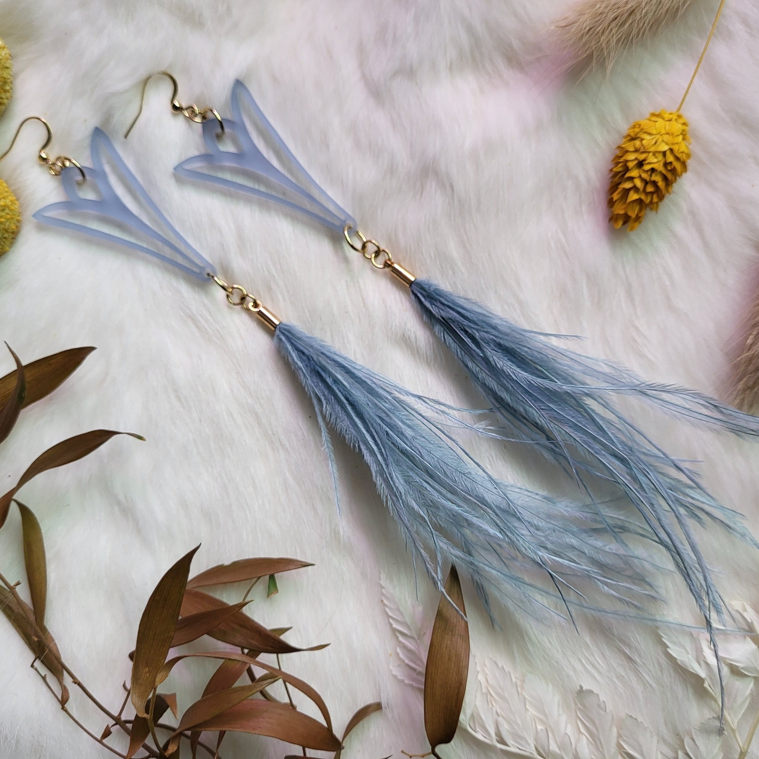 Blue Floral Feather Earrings