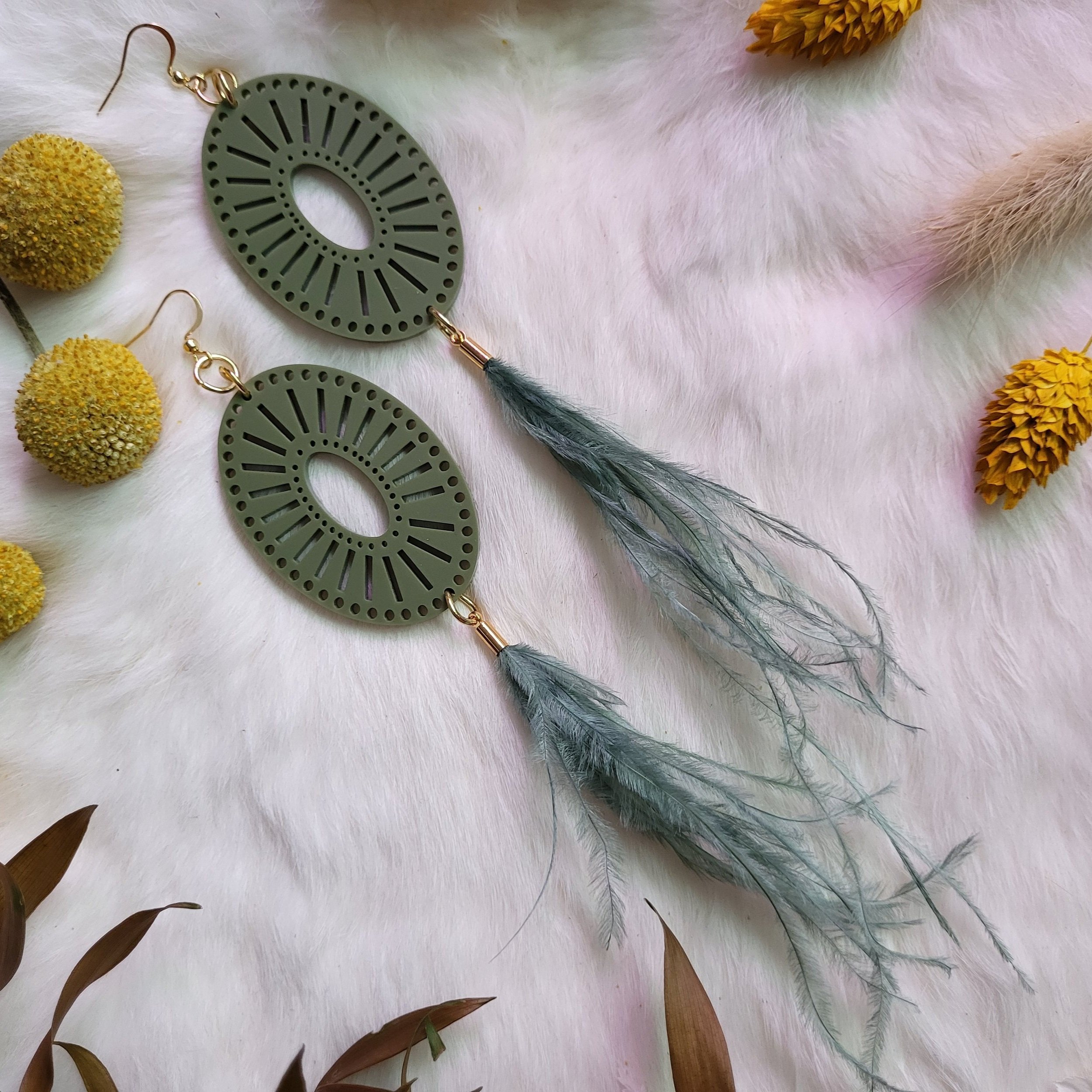 Olive Acrylic Feather Earrings