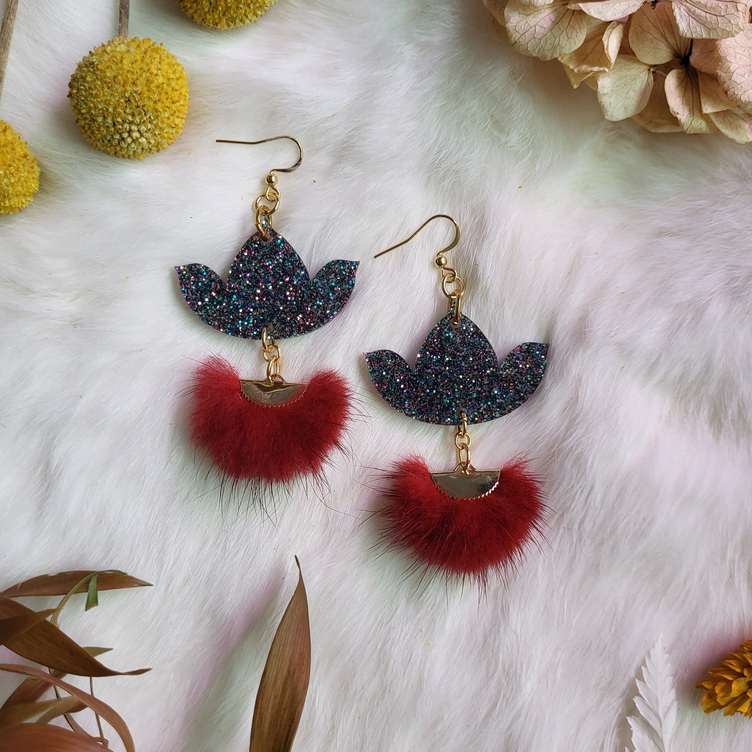 Black Glitter Mink Fur Earrings