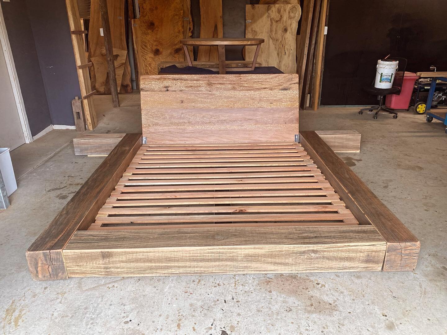 The classic &lsquo;King Dreamer Bed&rsquo; ready for it&rsquo;s new home. Hand crafted from solid seasoned brush box timber, layered with weathered grey and pink colour tones. Feel free to DM or call us for your next custom design furniture piece, do