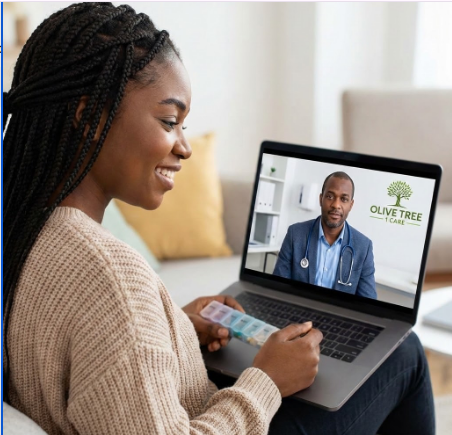 Woman during a virtual telehealth consultation with a doctor on a laptop