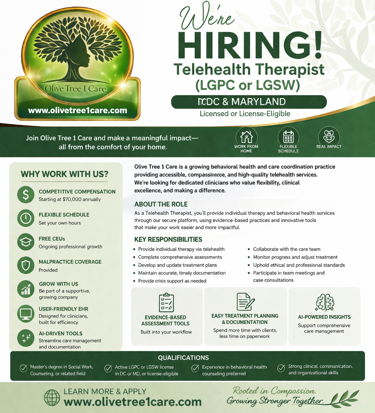 A flyer announcing job openings for telehealth therapists at Olive Tree 1 Care, featuring the company's logo with a tree, and information about the role, benefits, qualifications, and how to apply.