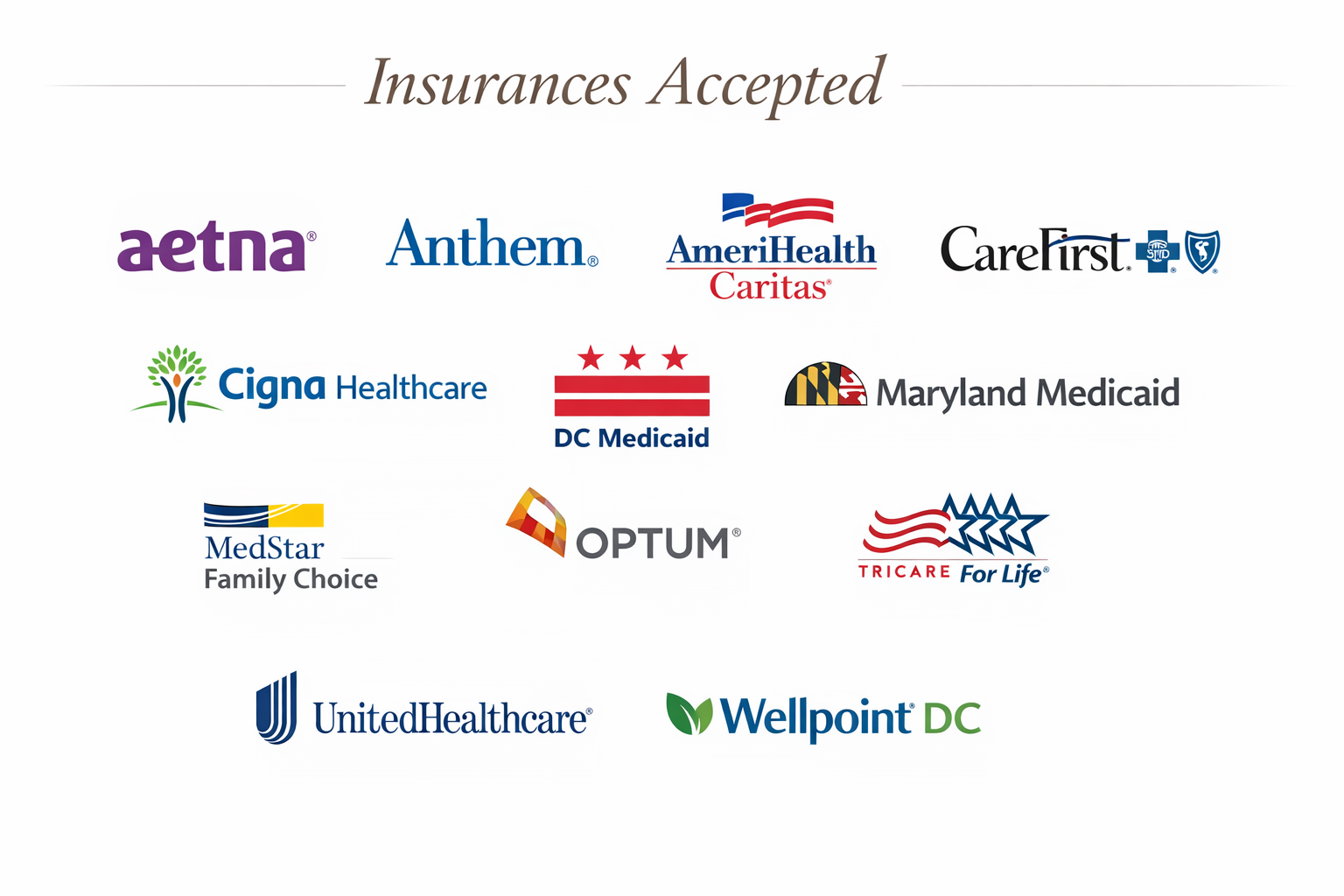 A digital graphic displaying logos of healthcare insurance providers with the title 'Insurances Accepted' at the top.