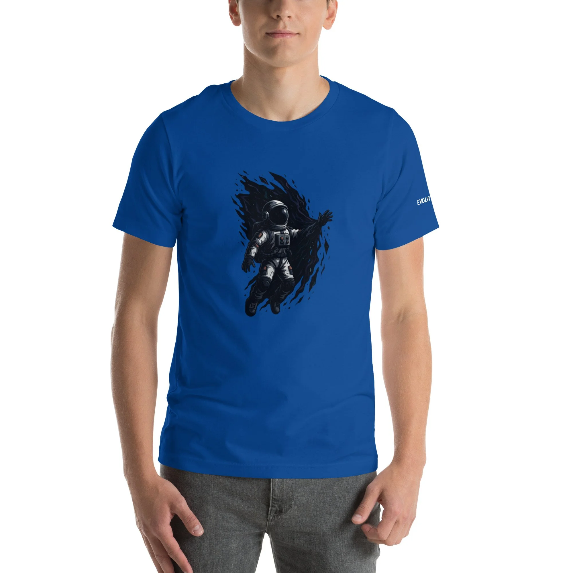 Male model wearing a royal blue “Into the Unknown” Evolvv t-shirt with astronaut artwork printed on the front.