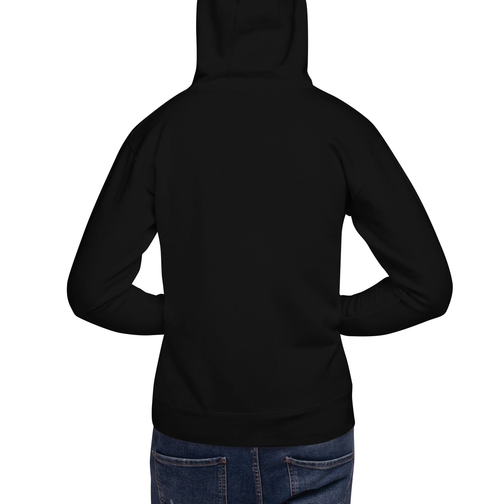 Back view of the black “Universe Holder” Evolvv hoodie worn by a model, showing clean back and hood.
