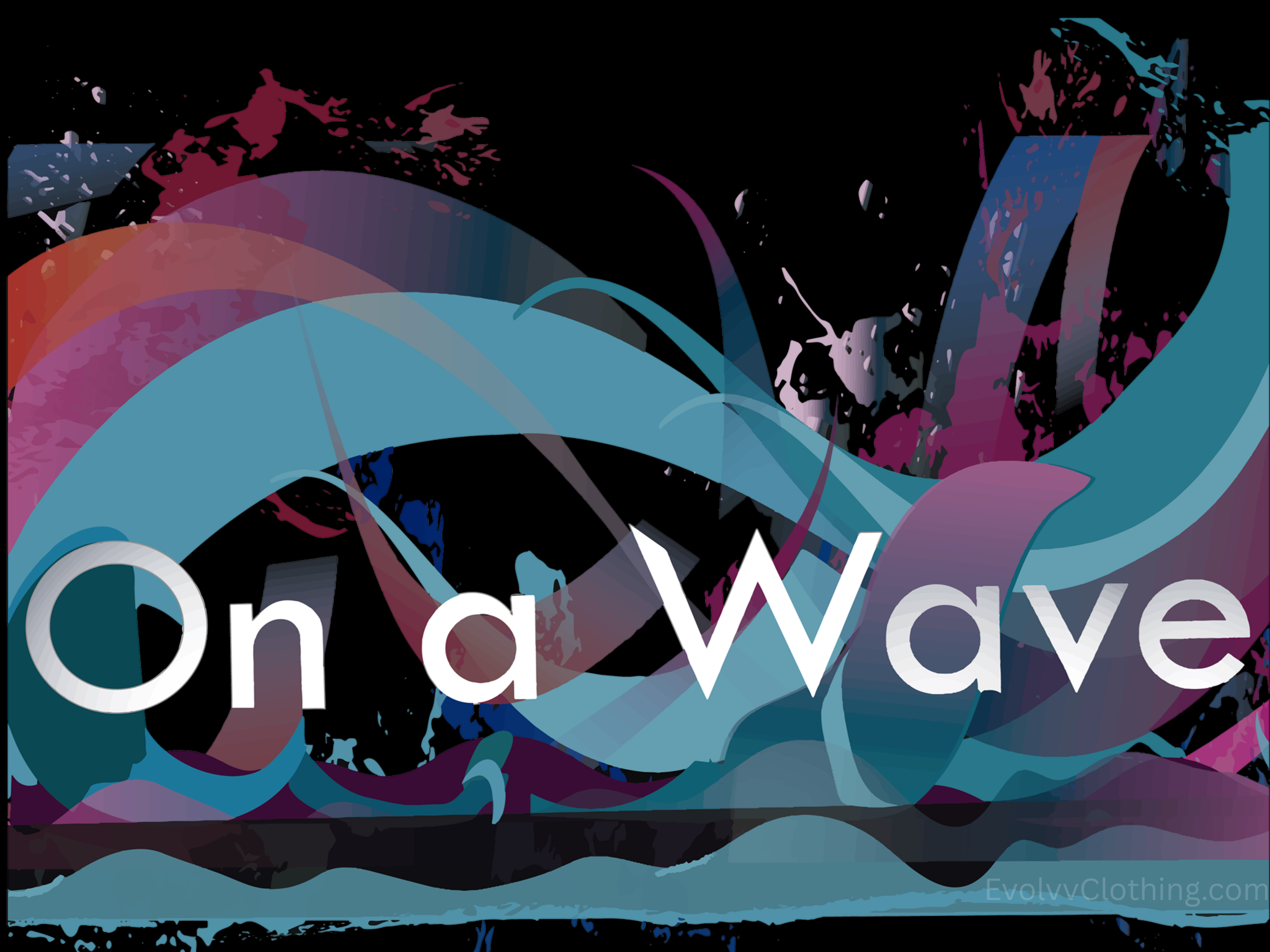 Abstract digital artwork of colorful waves and splashes with text 'On a Wave' at the center.