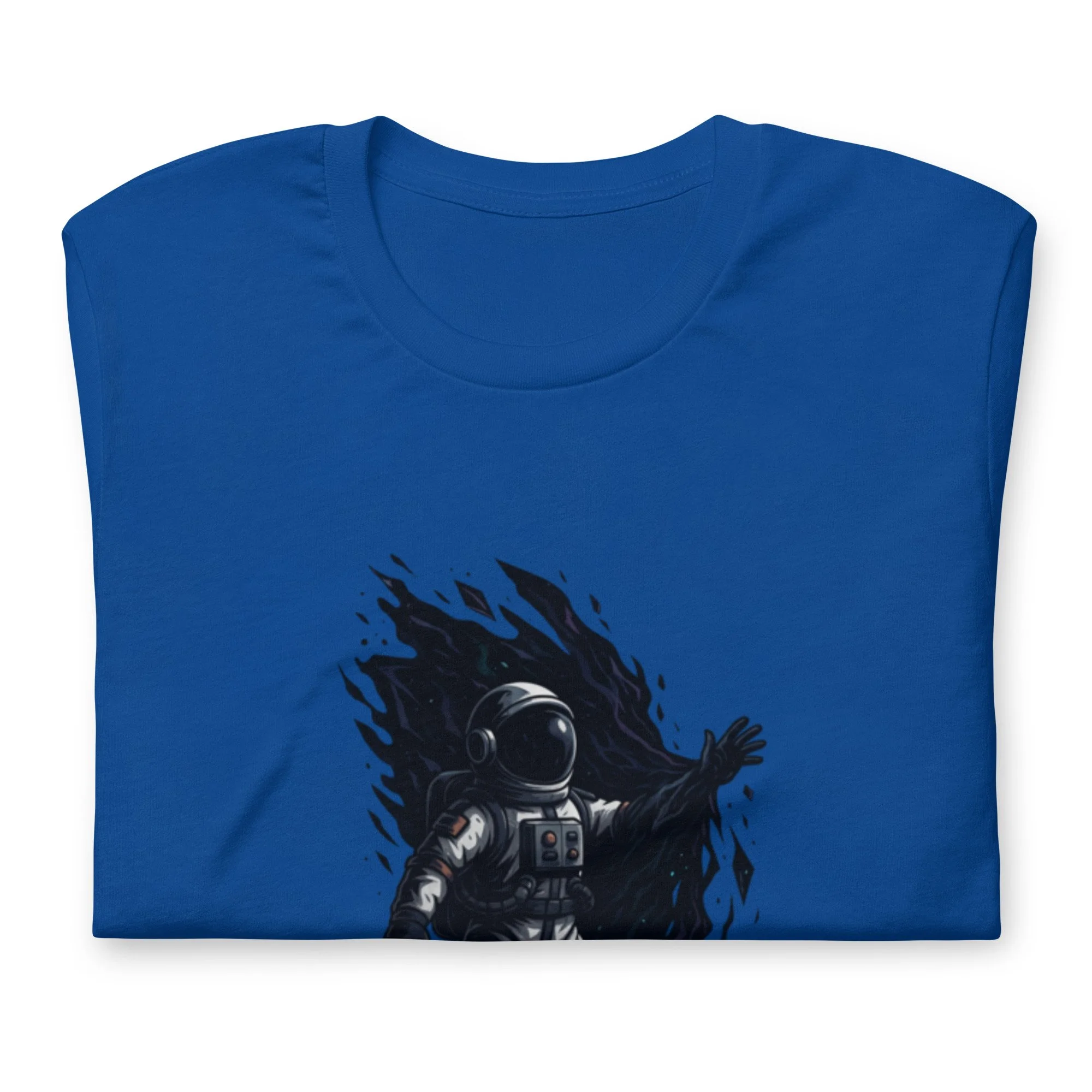 Close-up of the blue cotton fabric and printed astronaut artwork on the “Into the Unknown” Evolvv shirt.