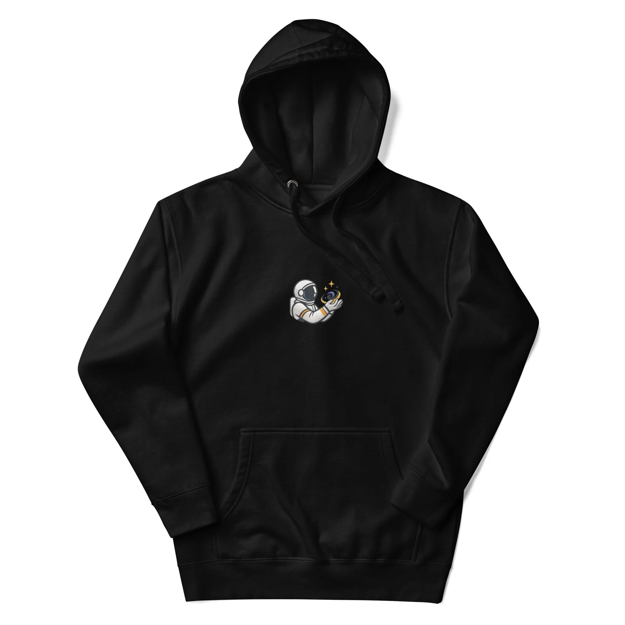 Black Evolvv astronaut hoodie shown flat with minimal cosmic graphic and drawstrings.
