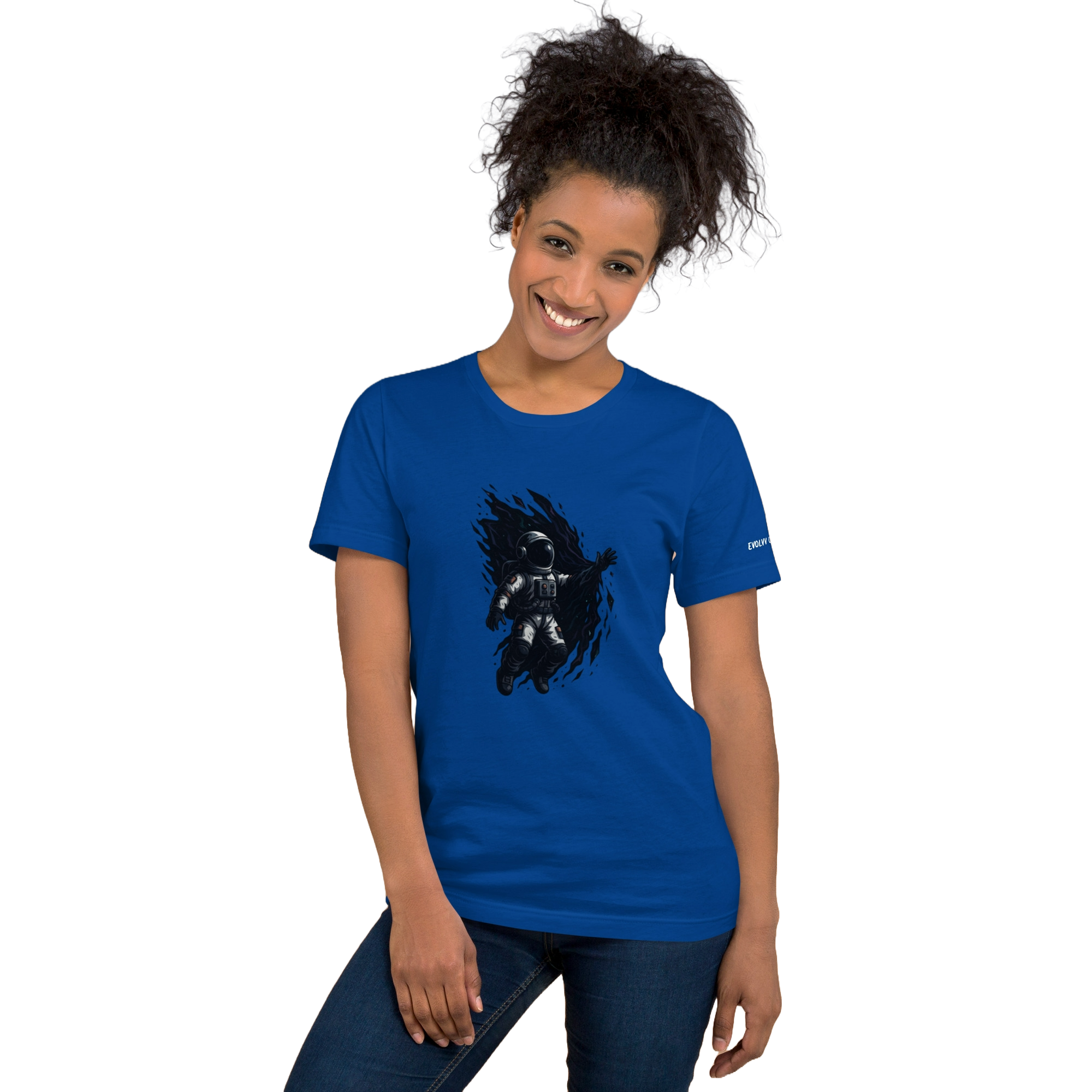 Young woman smiling and wearing a blue t-shirt with an astronaut reaching into the unknown graphic design.