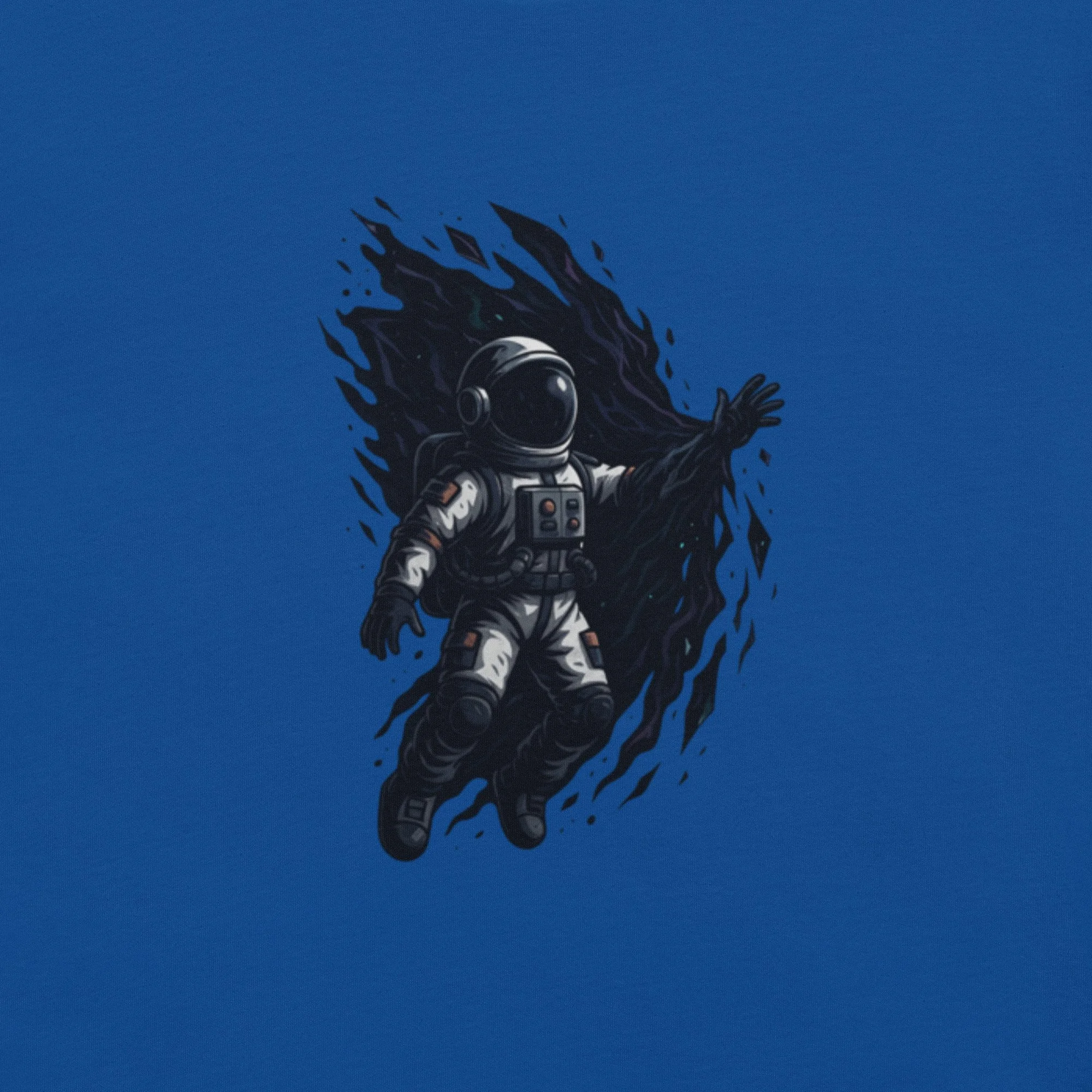 Detailed view of stylized astronaut graphic printed on blue fabric with black cosmic shapes.