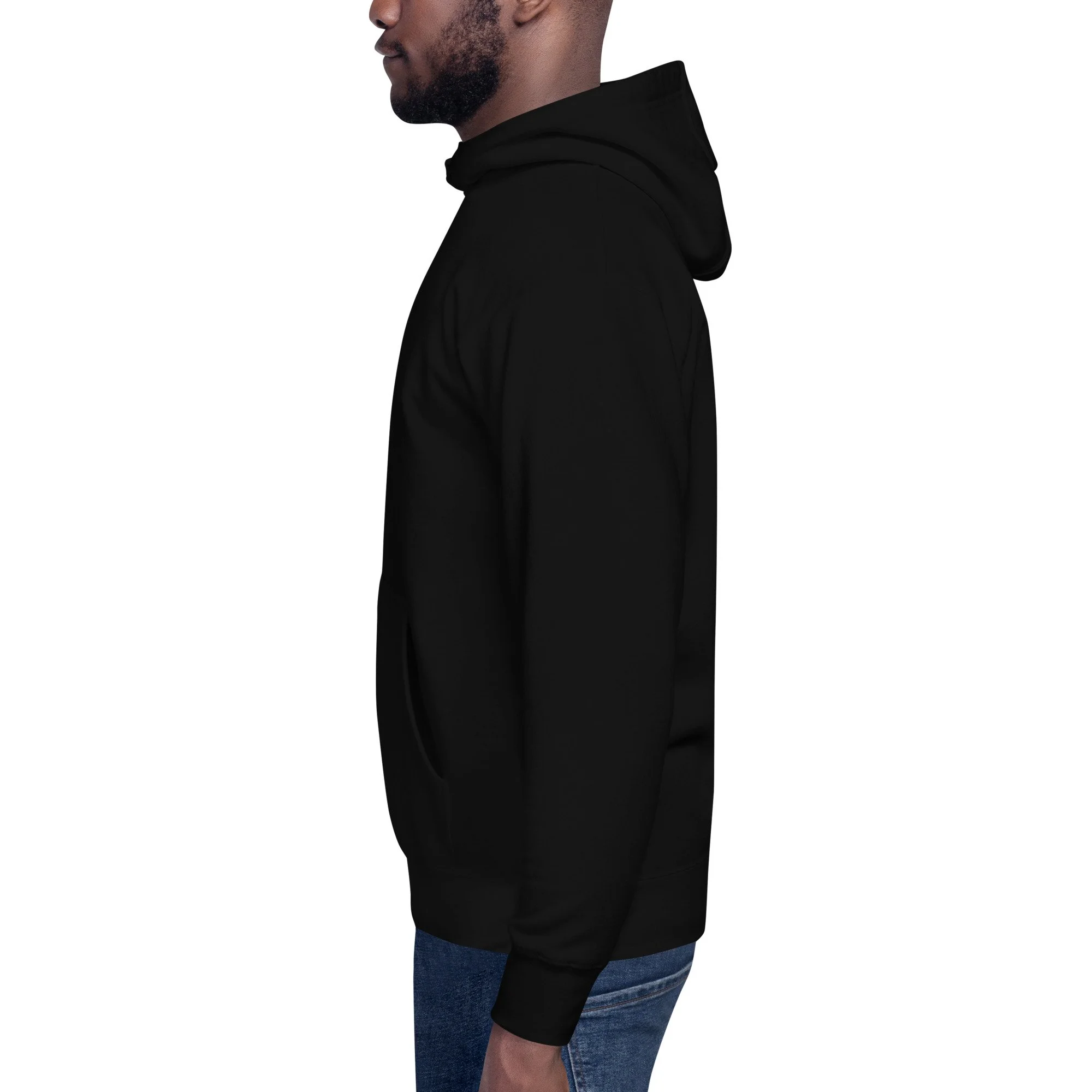 Left side view of black Evolvv hoodie featuring front pocket and hood, shown on model.