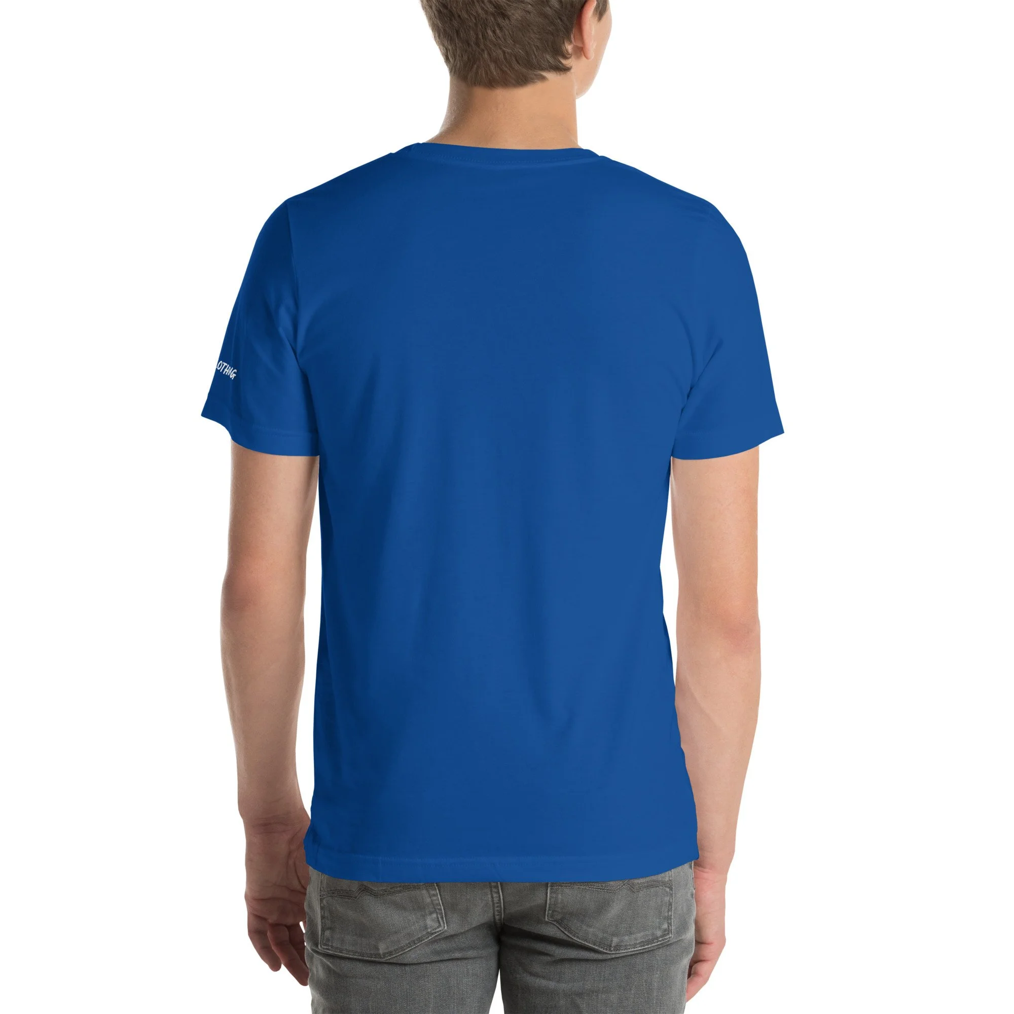 Back view of the royal blue Evolvv “Into the Unknown” t-shirt shown on model with short sleeves and crew neckline.