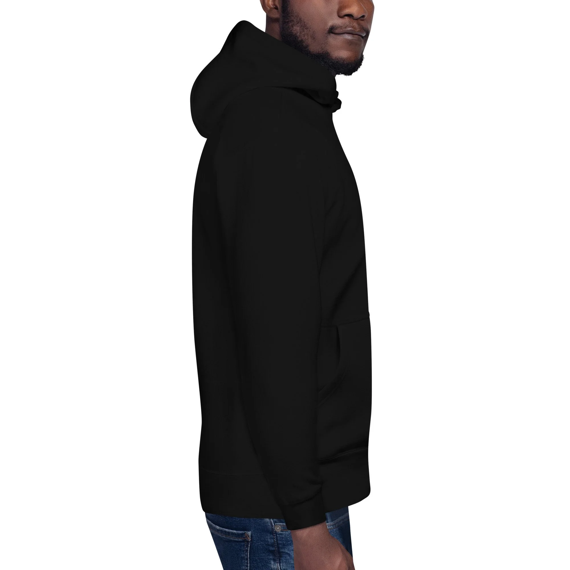 Right side view of the black “Universe Holder” Evolvv hoodie worn by a model, showing front pocket and hood.