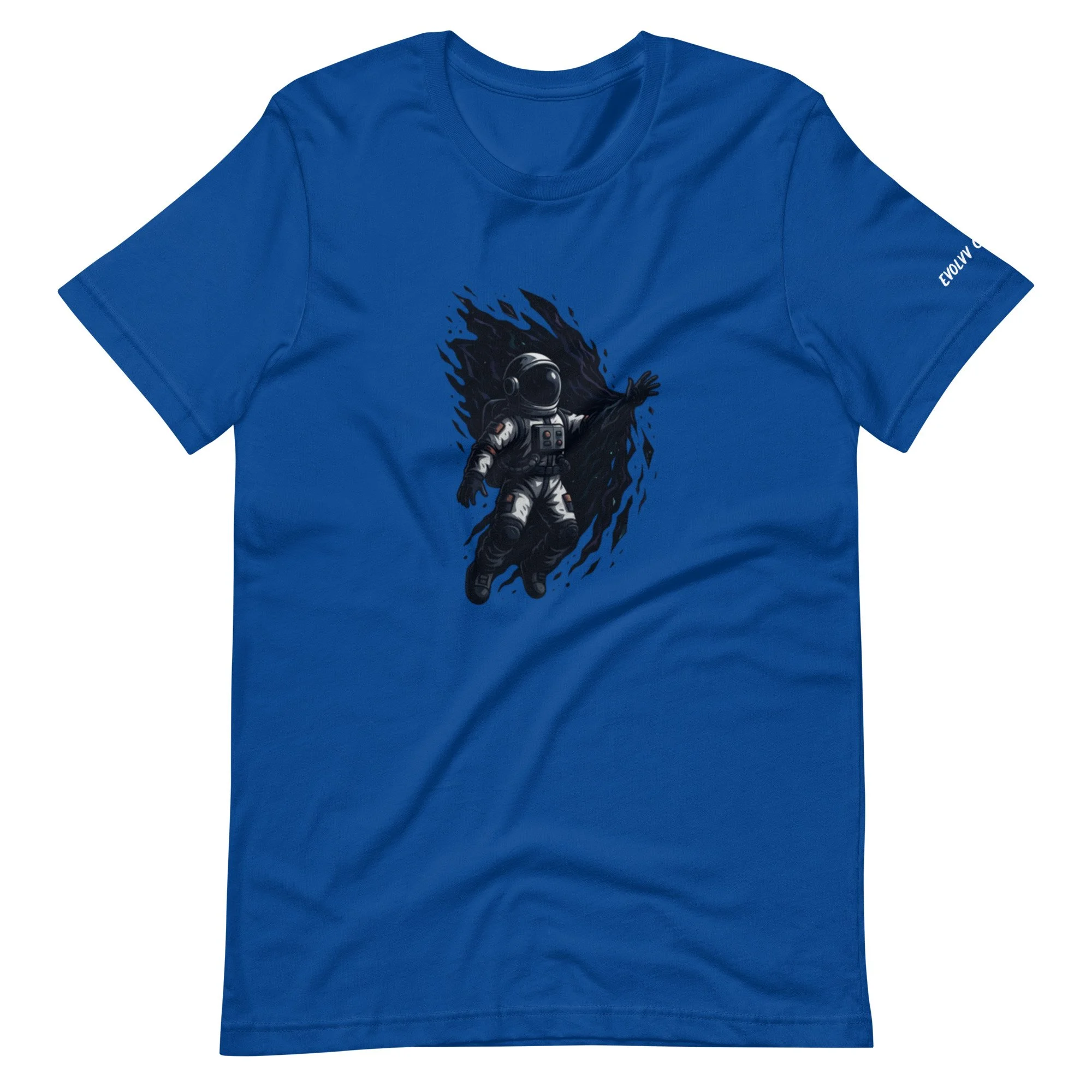 Flatlay of the blue “Into the Unknown” t-shirt featuring a stylized astronaut graphic and Evolvv sleeve logo.