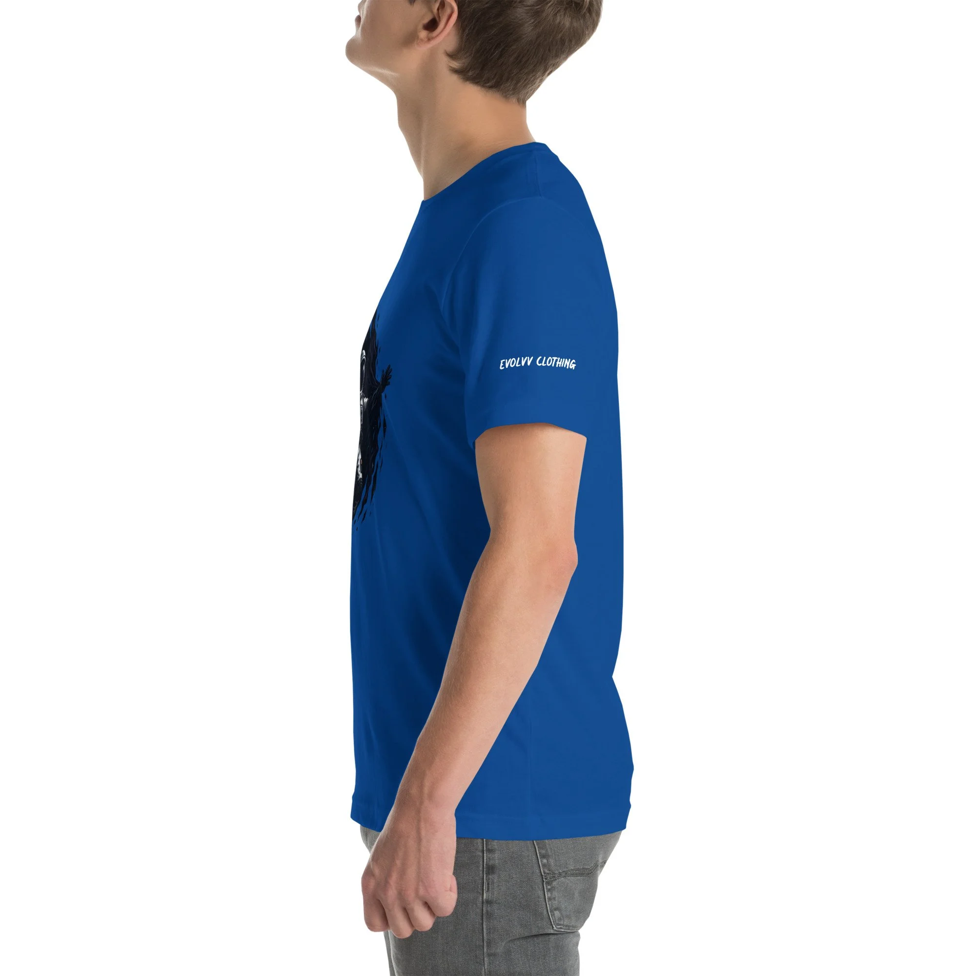 Sleeve detail view showing Evolvv branding on royal blue cotton short-sleeve tee.