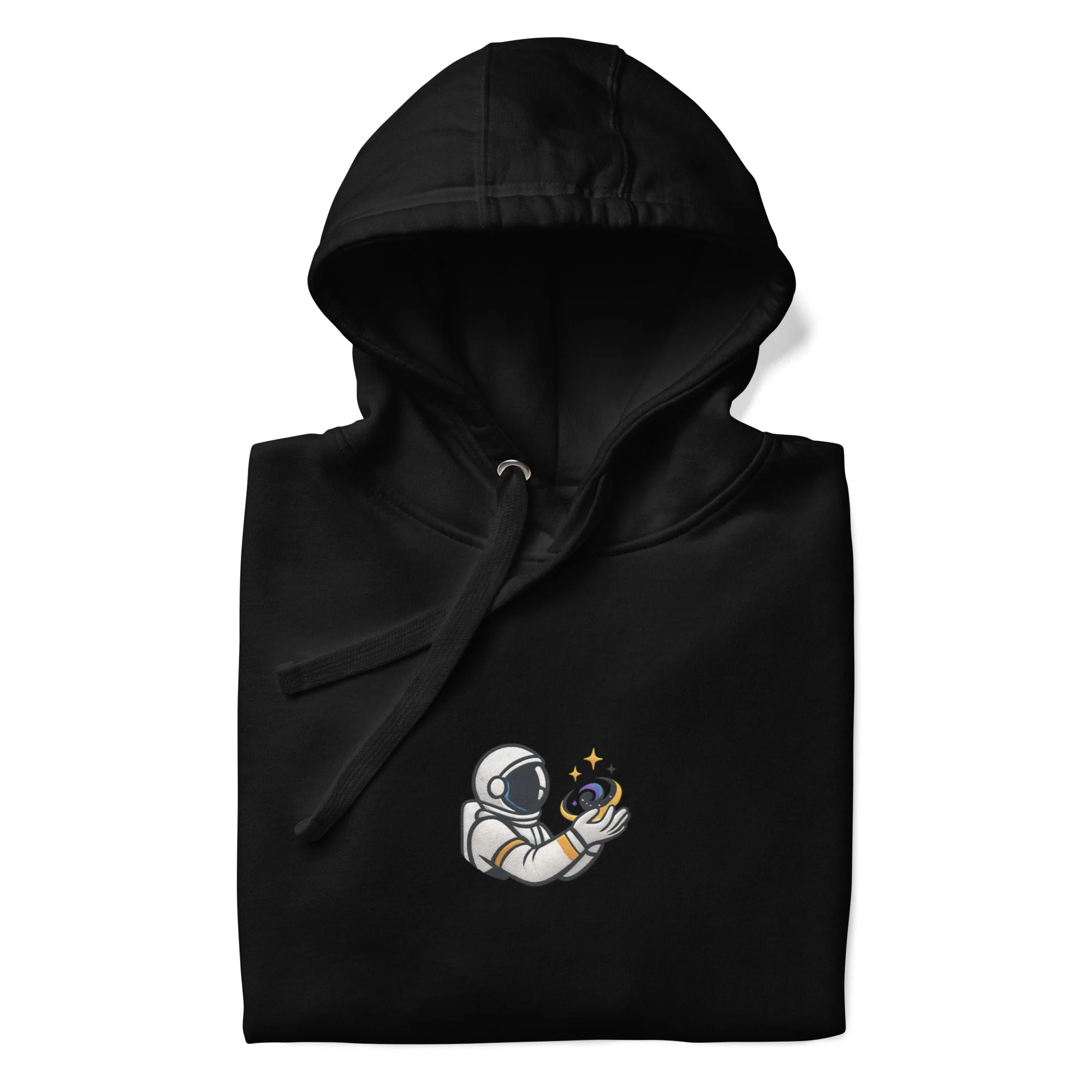Close fabric view showing smooth cotton face and printed astronaut artwork on black Evolvv hoodie.