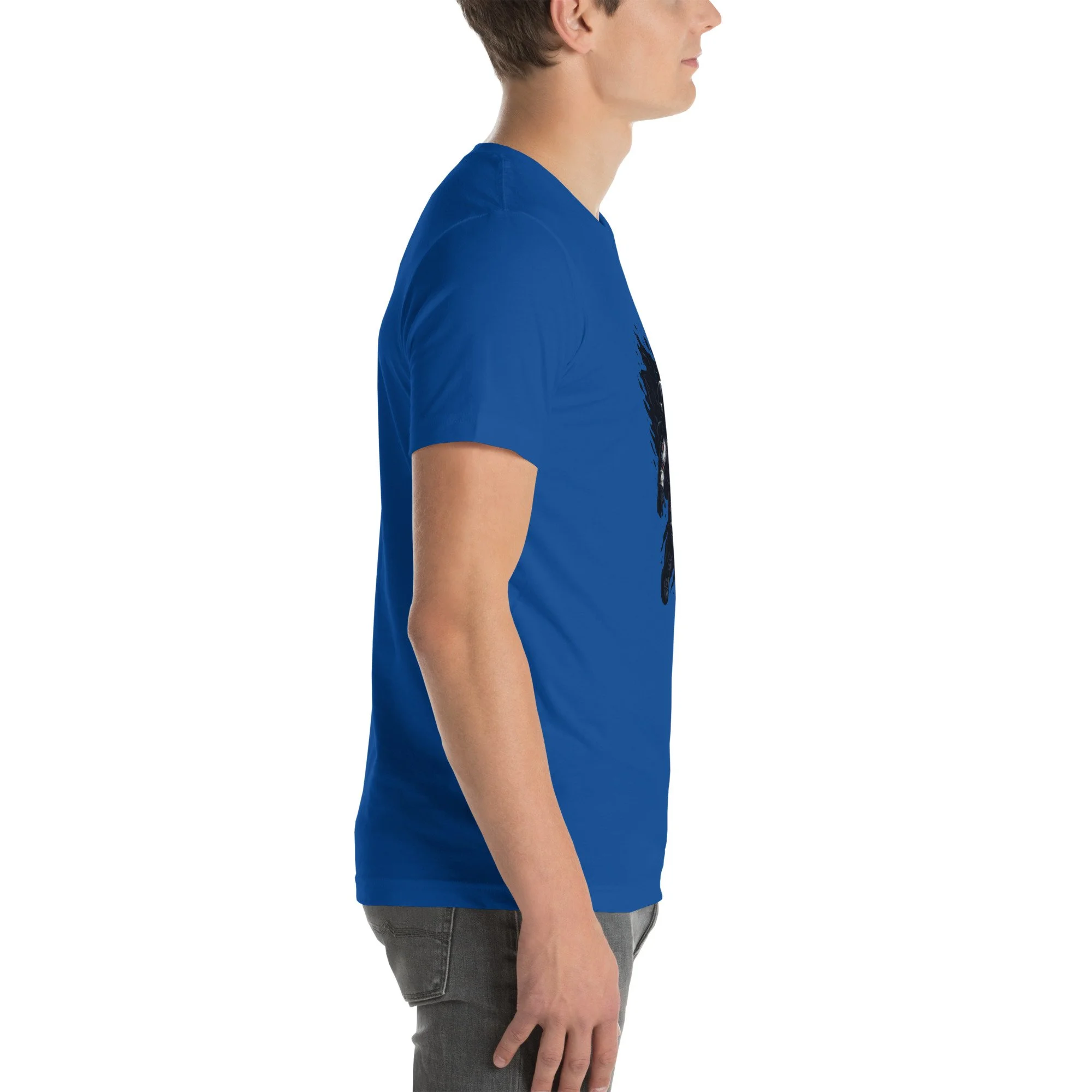 Side view of the “Into the Unknown” Evolvv t-shirt in royal blue, showing short sleeves and fit on model.