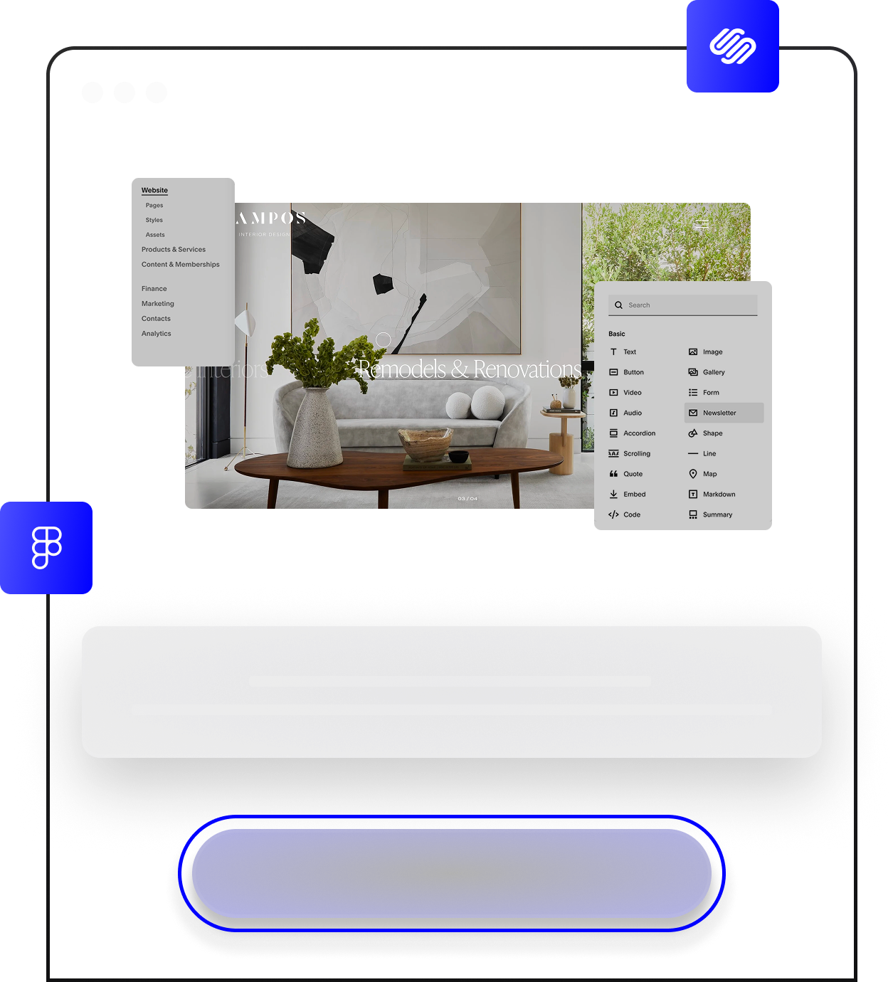 A mock-up of the Squarespace website editor with Figma and Squarespace logos.
