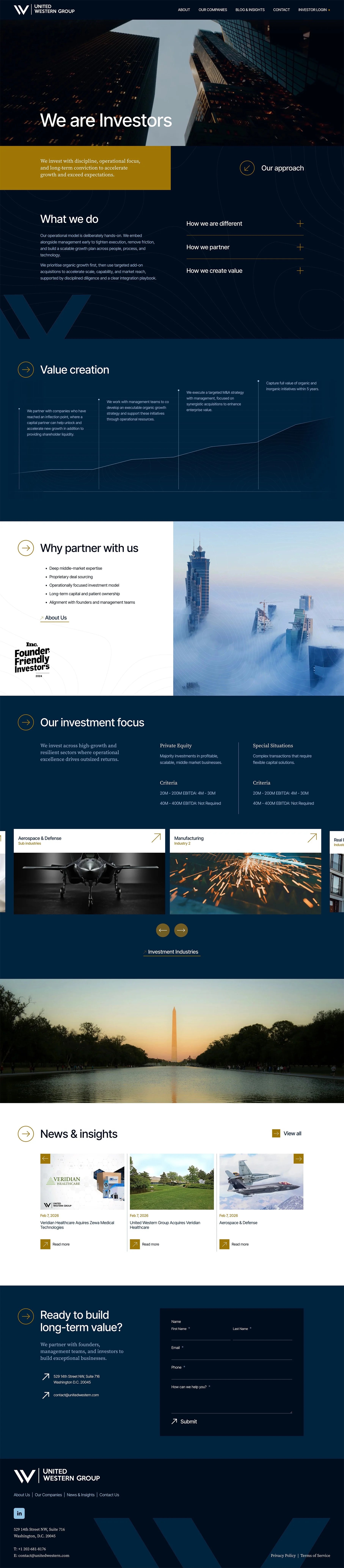 A screenshot of the United Western Squarespace website.
