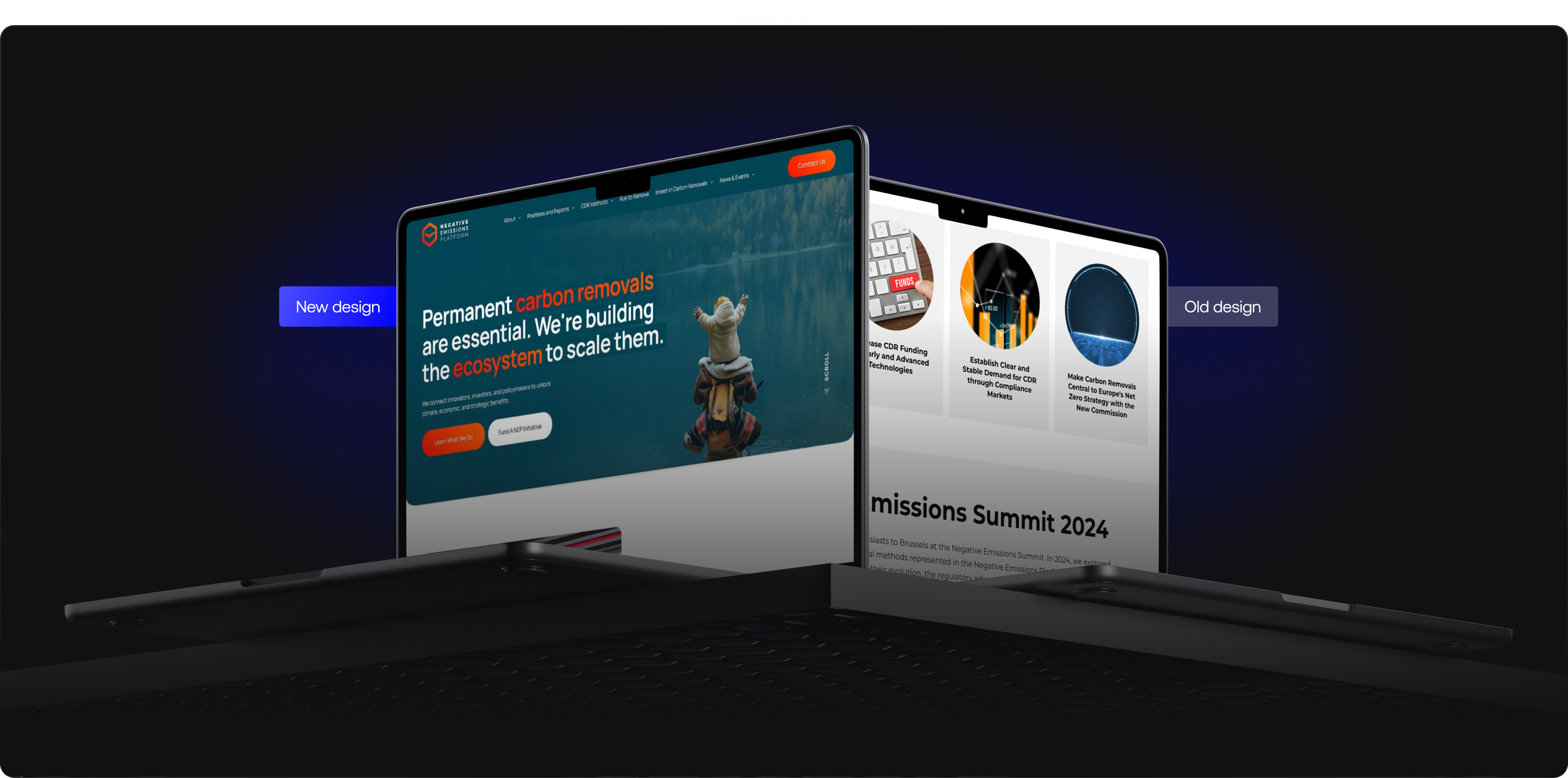 Two laptops floating in the air with screens displaying different website designs, one labeled 'New design' and the other 'Old design'.