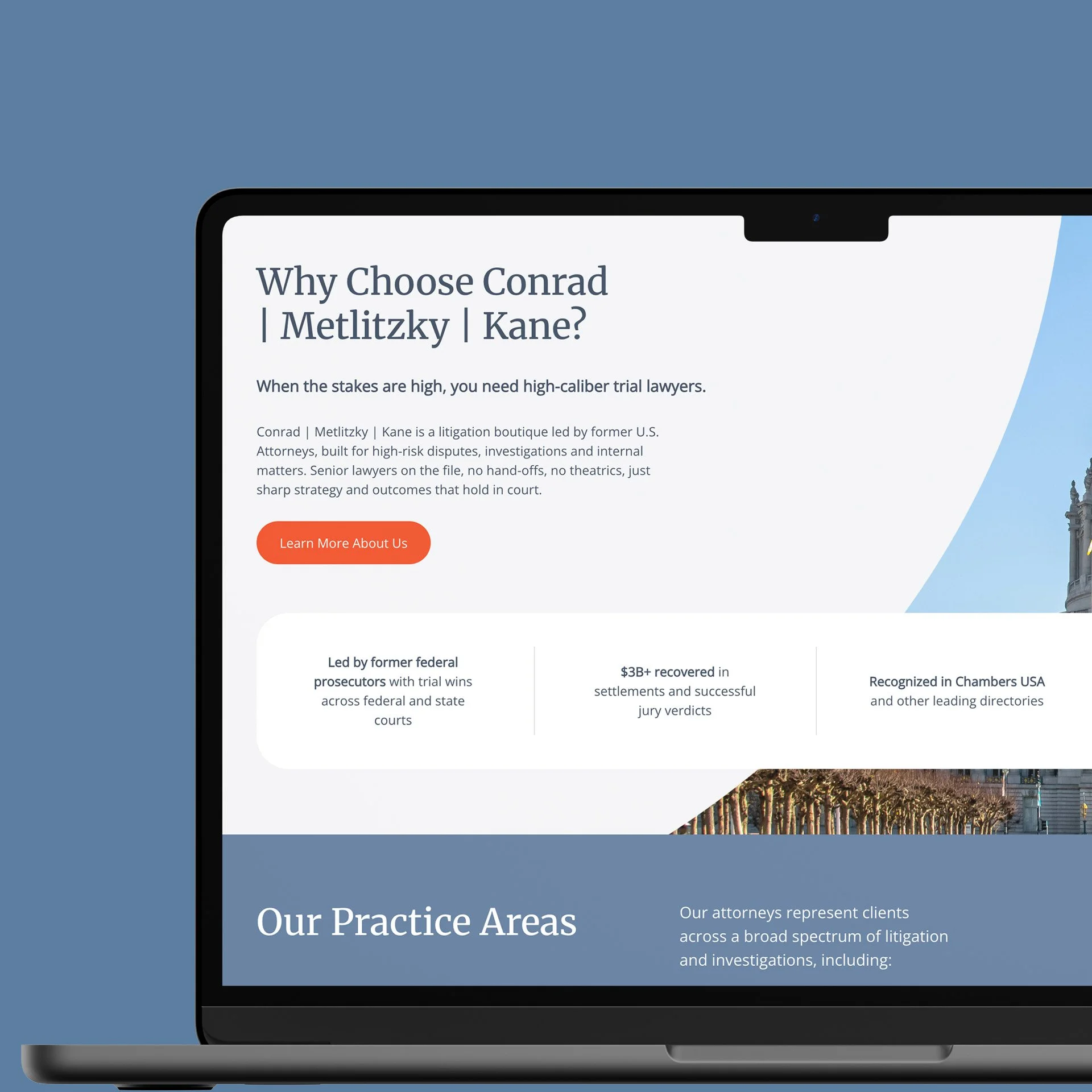 A mock-up of the CMK Law Firm website on a laptop.