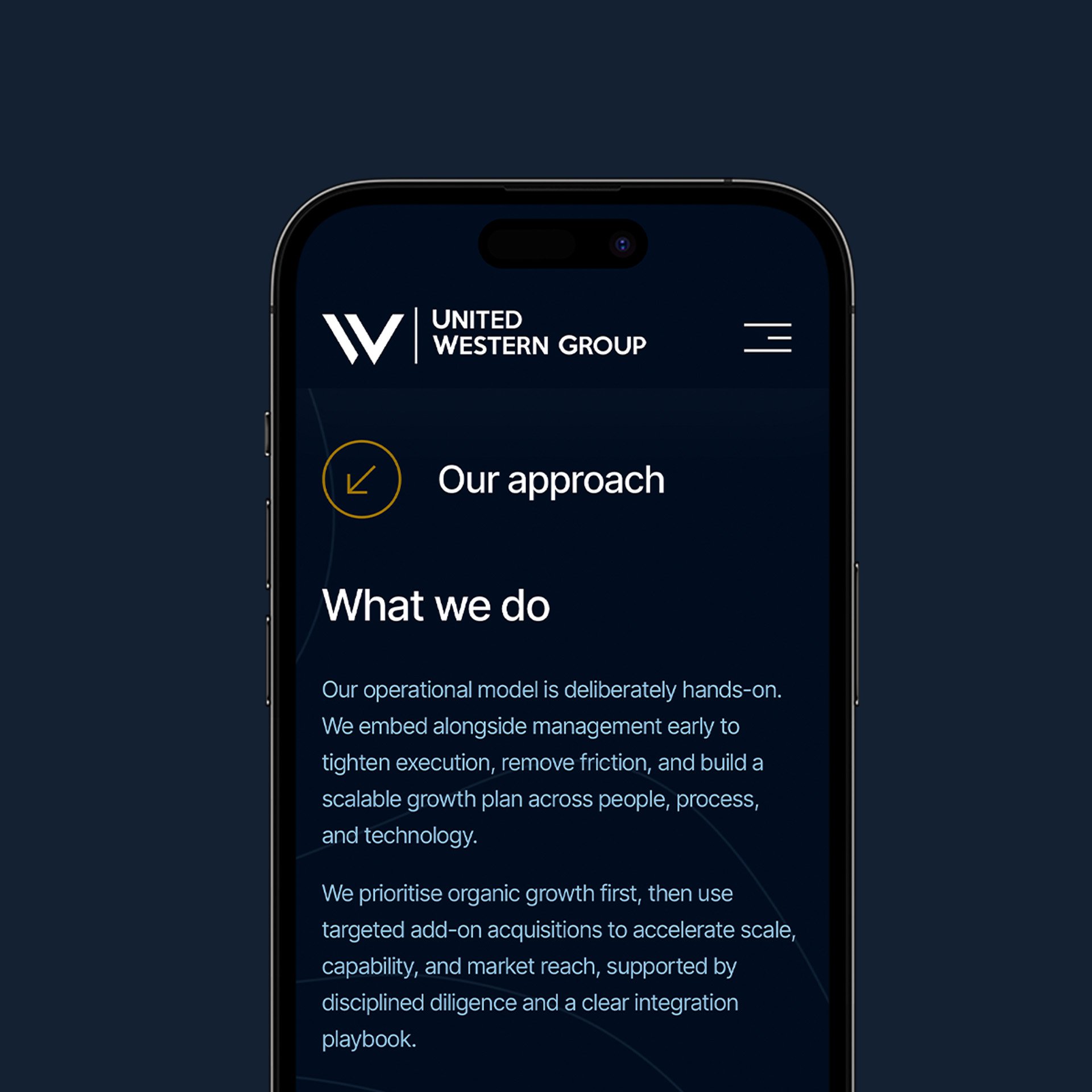A mock-up of the United Western website on a mobile device.
