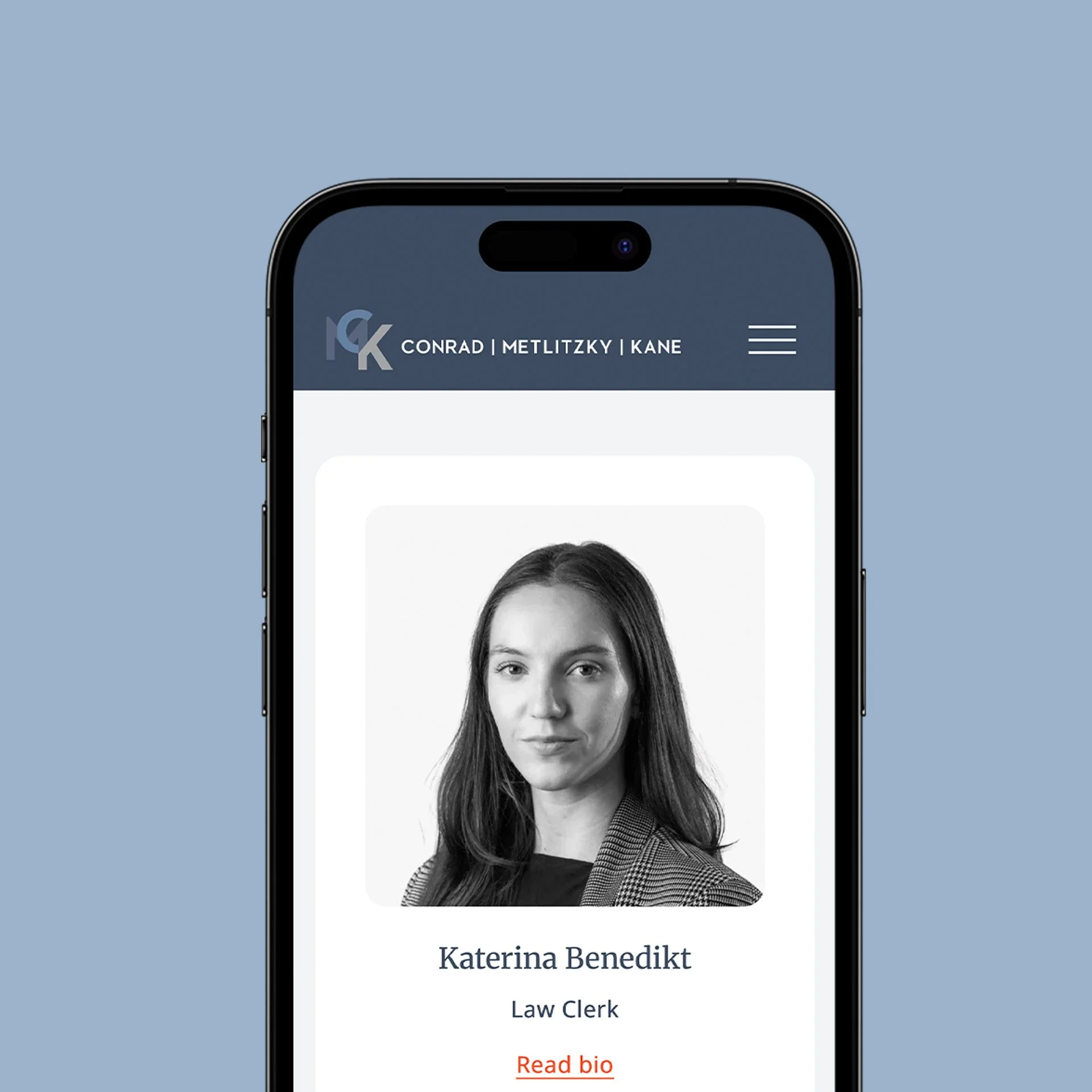 A mock-up of the CMK Law website on a mobile device.