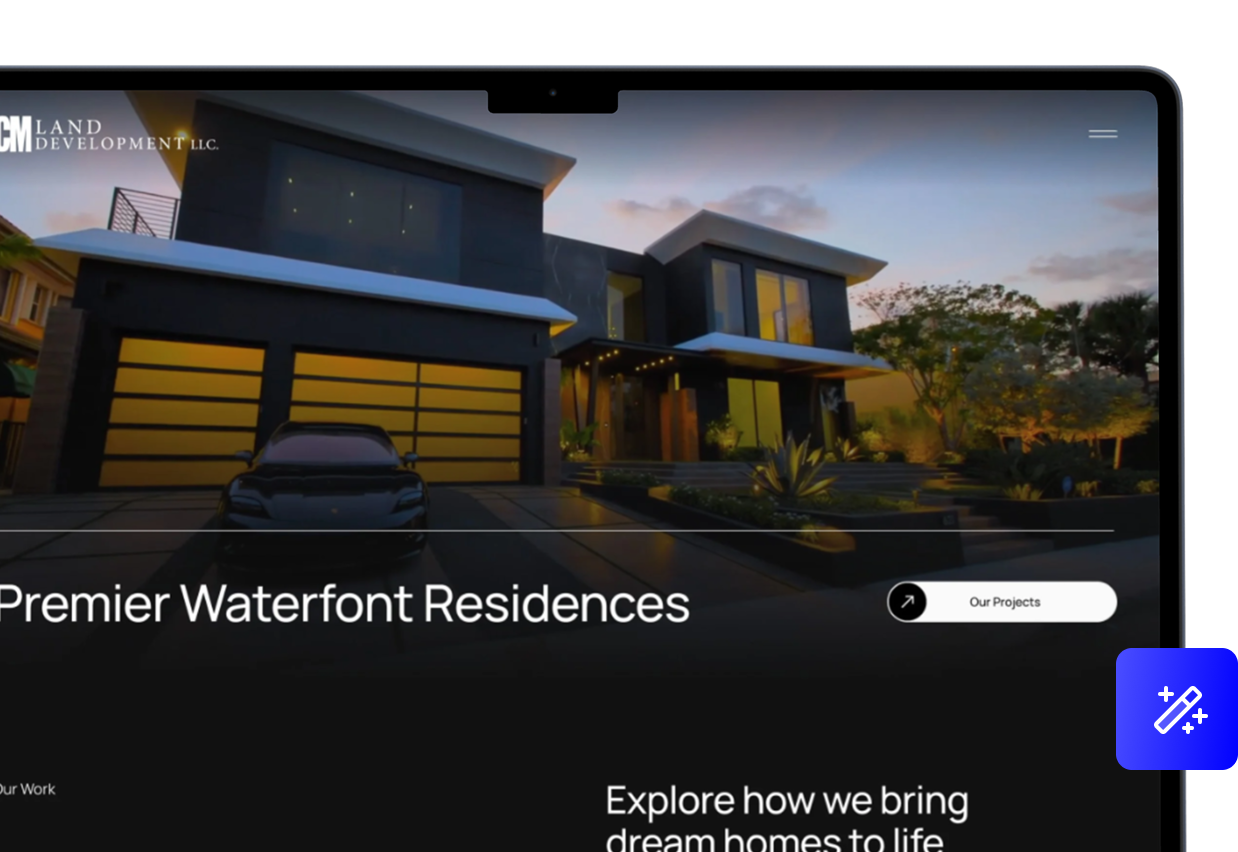 Modern waterfront residential house with large windows and a garage with a yellow door, parked car in driveway, landscaped outdoor area, during sunset or early evening.
