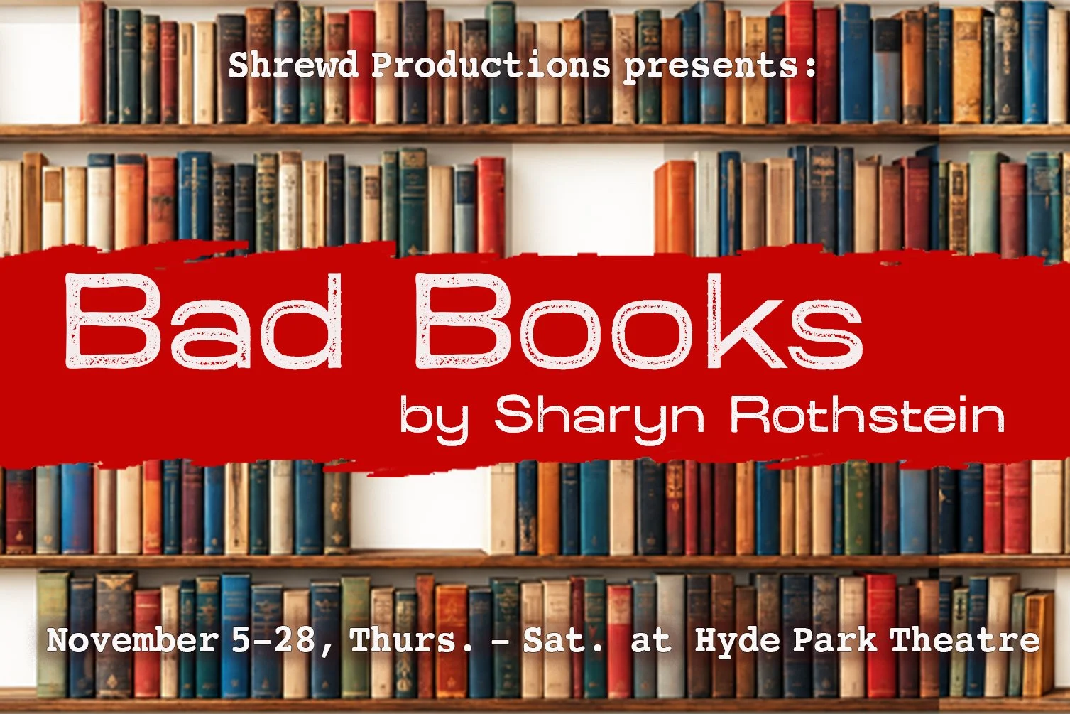 colorful shelves of books overlaid with text as below