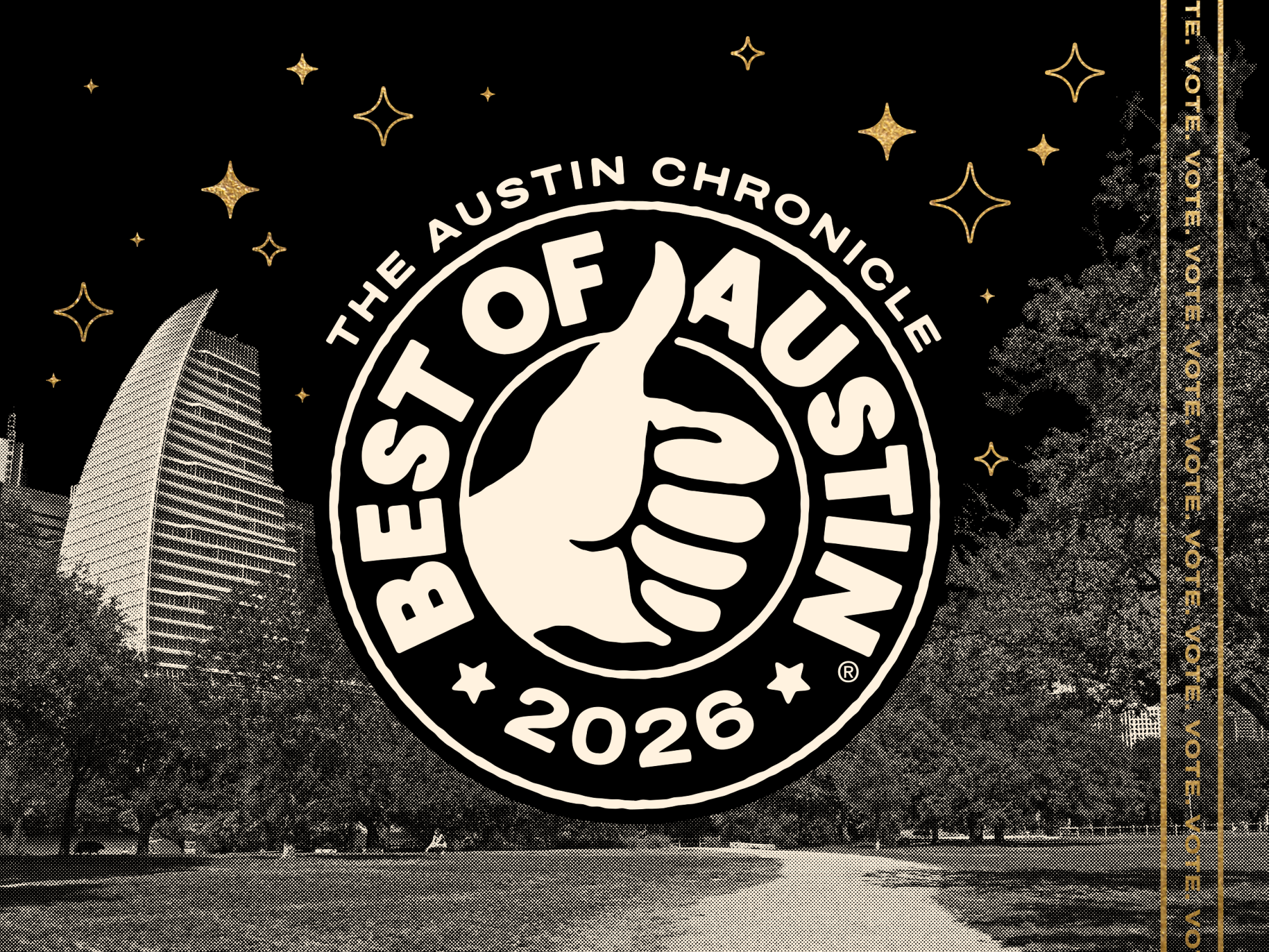 illustration of the hike and bike trail near downtown Austin at night with the thumbs-up logo of the the Austin Chronicle's Best of Austin 2026