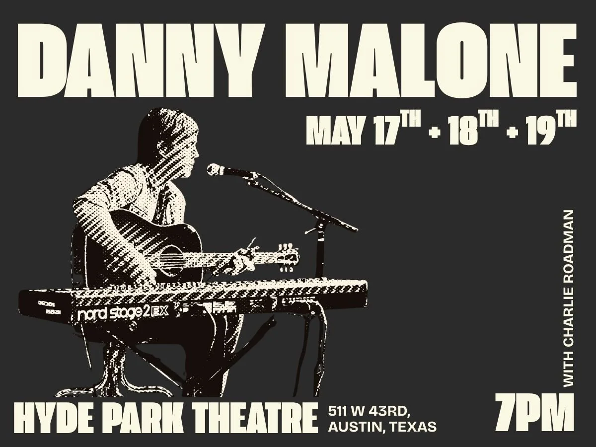 Black and white photo of a white man sitting behind a keyboard playing a guitar and singing into a mic, with text as on this page