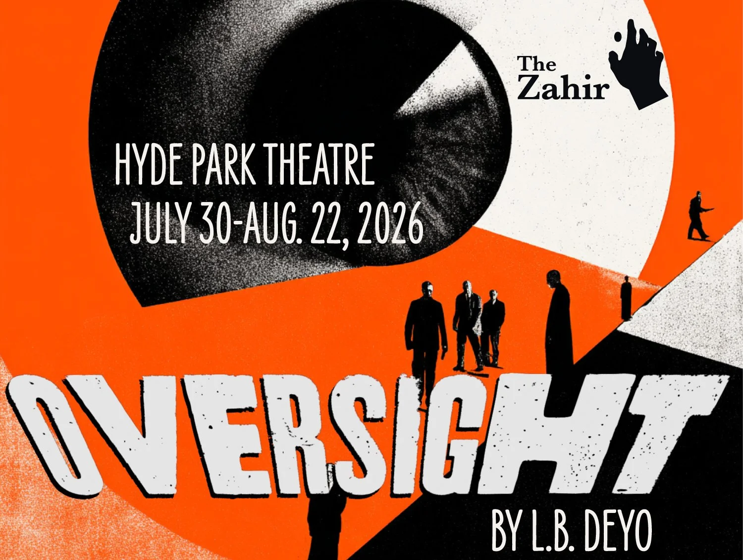 a huge black and white eye on a red and black background overlooks tiny men in business clot=hes walking somewhere 