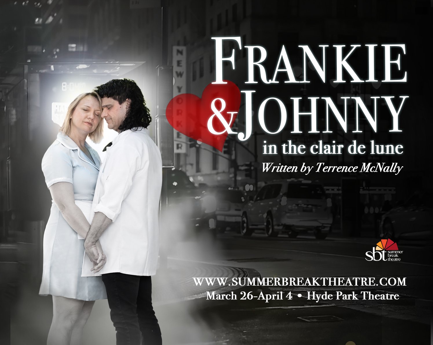 Against a city street, a blonde white woman in a short, pale blue diner-waitress dress and white apron holds hands and leans agains leans against a brick wall, smiling at a white man with a long black mullet wearing a cook’s jacket and black pants