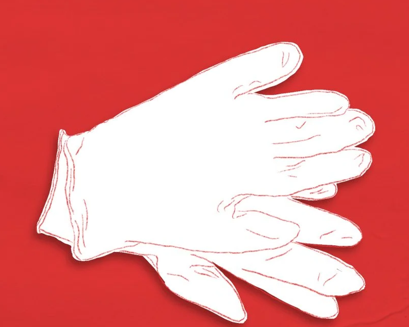line drwing of white latex gloves on red background