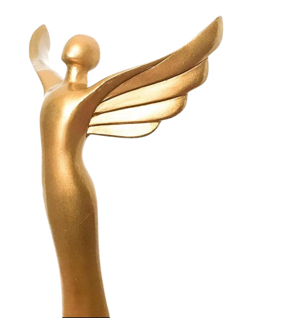 a simple winged human figure, wings spread wide, colored gold (statuette for winners of B. Iden Payne Awards)