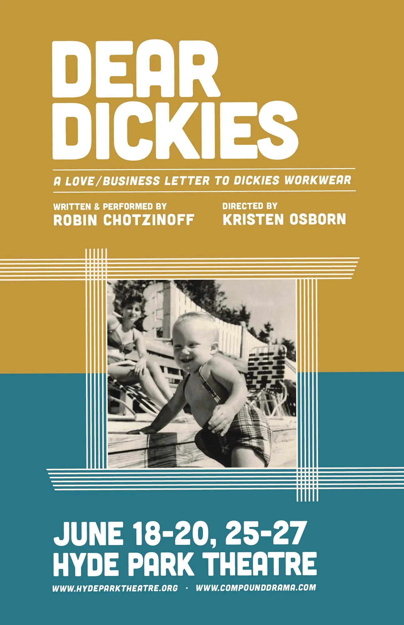 against a background of mustard yellow and green-blue, a black and white photo of a jolly baby at the end of a pool wearing plaid suspender shorts; a pretty woman in a bathing suit looks on from a lounge chair; text as on this page