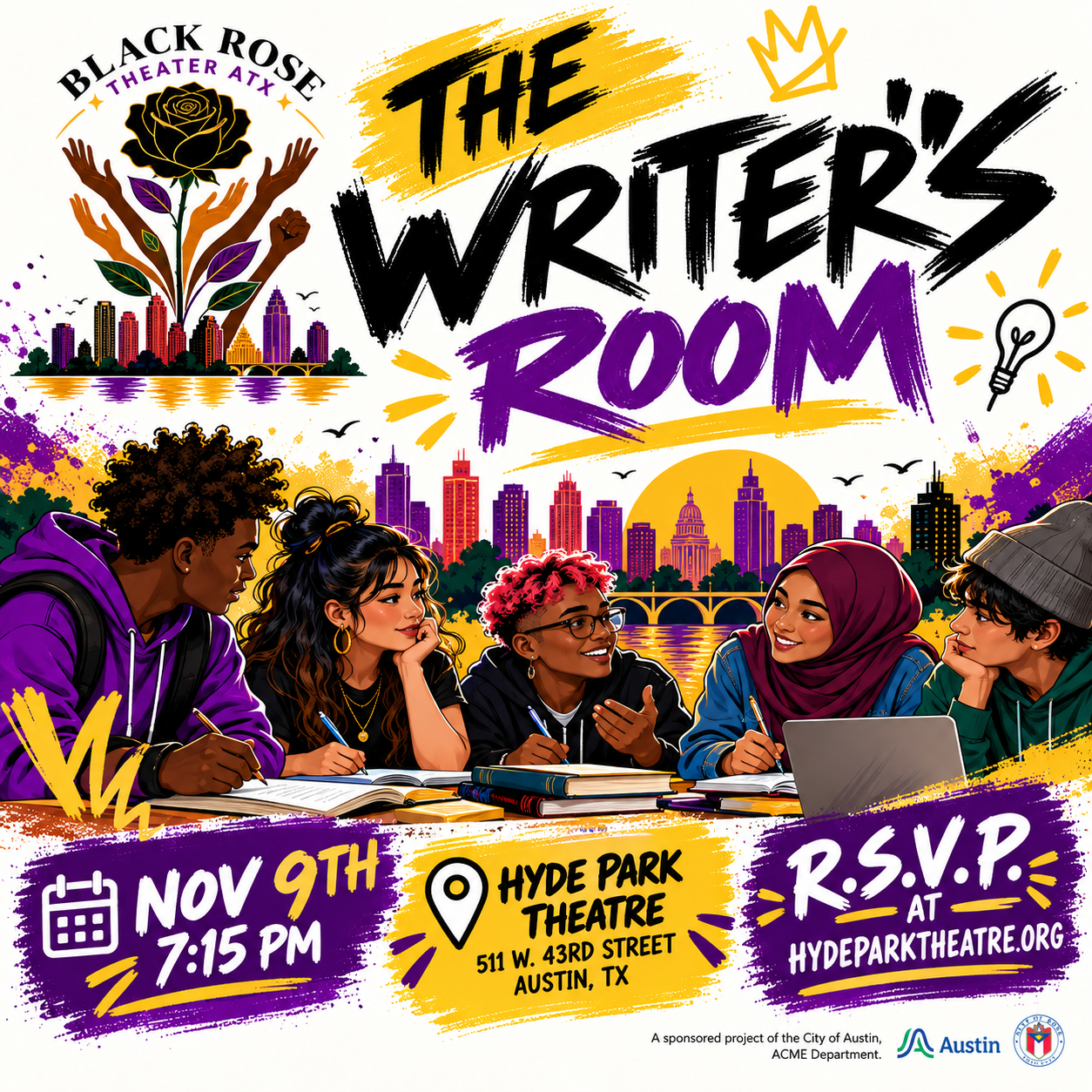 colorful illustration of young people of various races and thenicities sitting around a table with books, notebooks, and laptop, talking. Behind them a sun rises over Ladybird Lake and the Austin downtown skyline. Black Rose ATX logo upper left