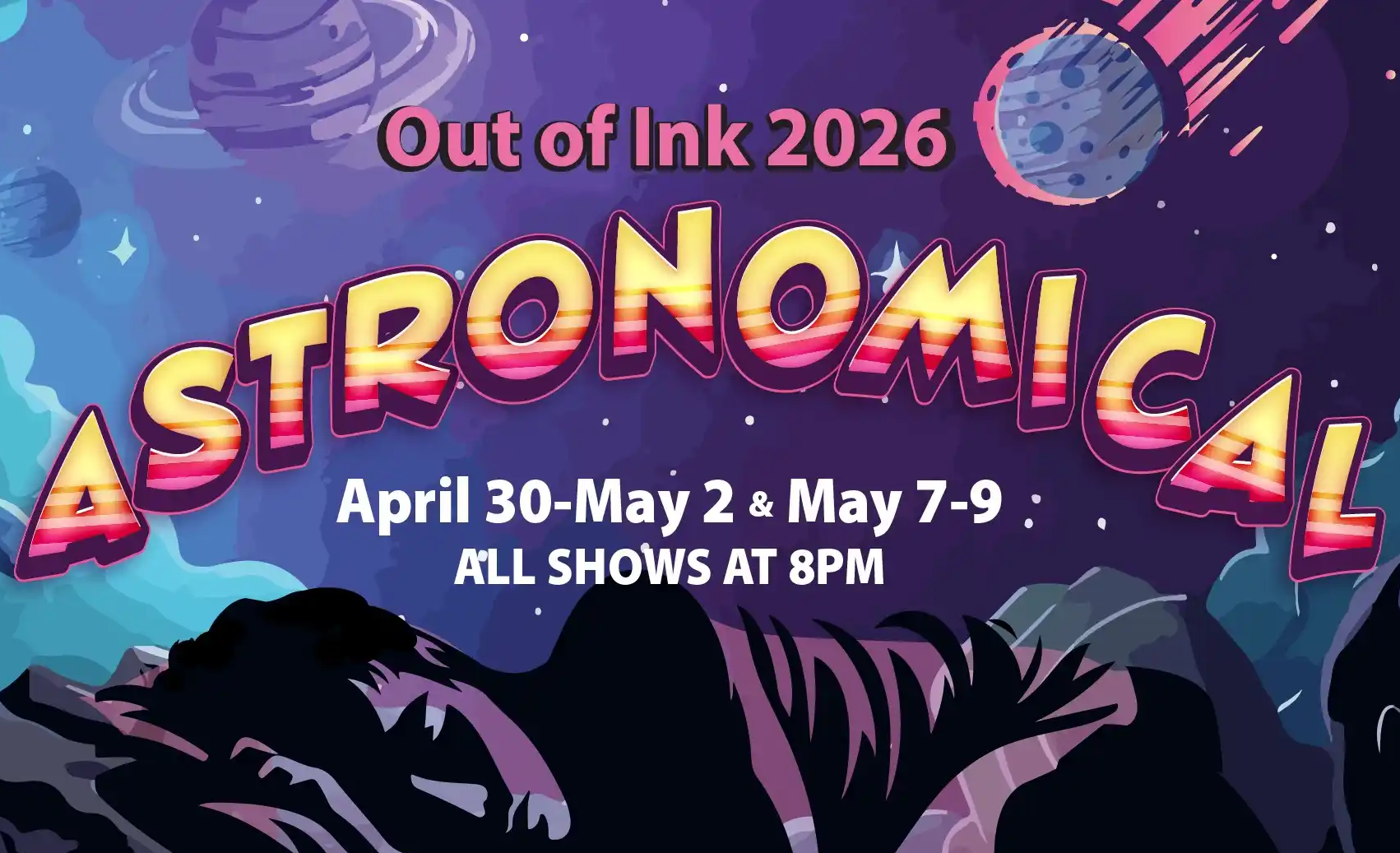 painting of the videw from another planet, with mountains and a purple sky. Visible in the sky are a ringed planet and a plunging comet. Text as in below. 