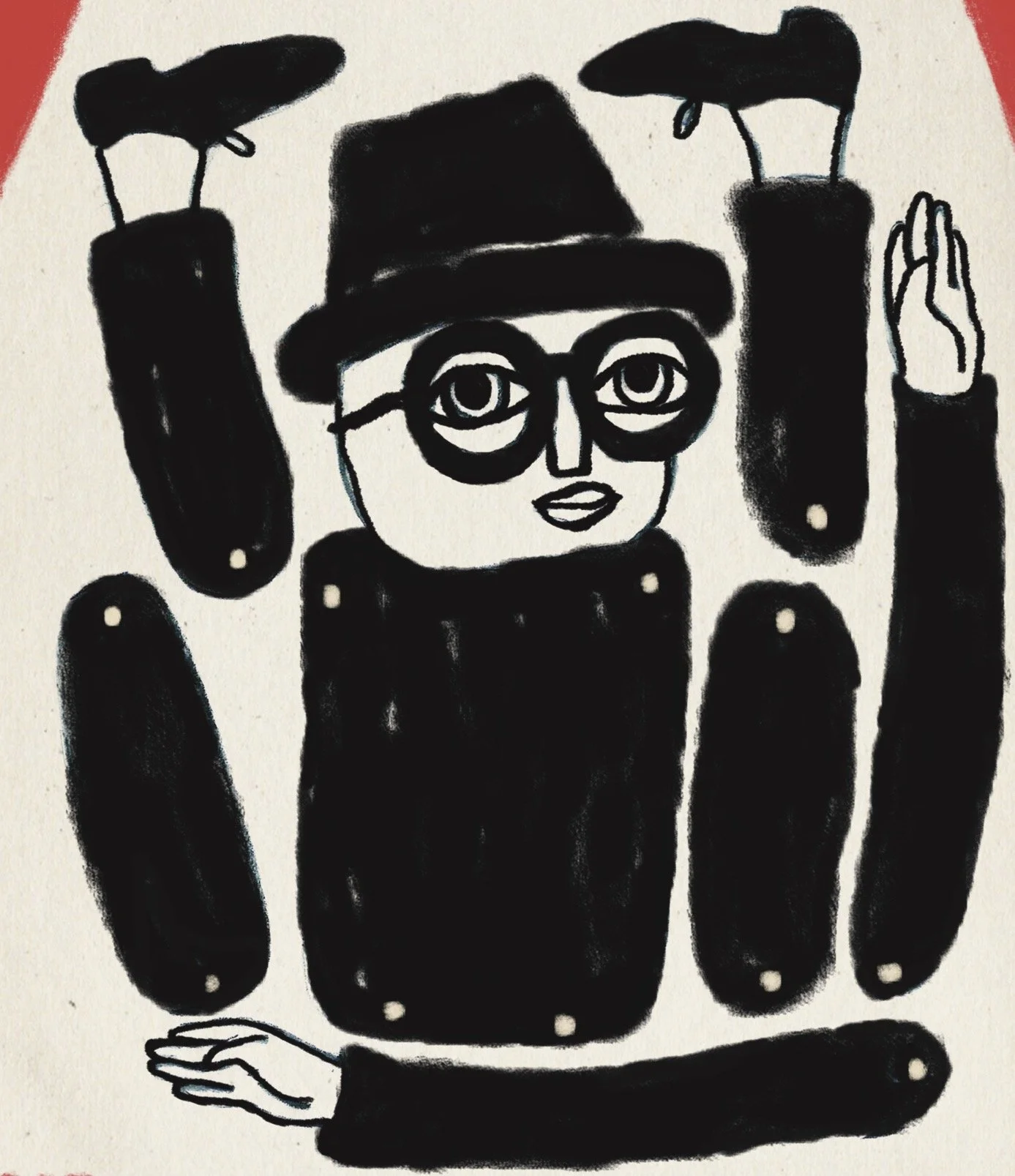 a drawing of a puppet in disassembled into pieces: he has a black fedora, thick round glasses, and a small smile