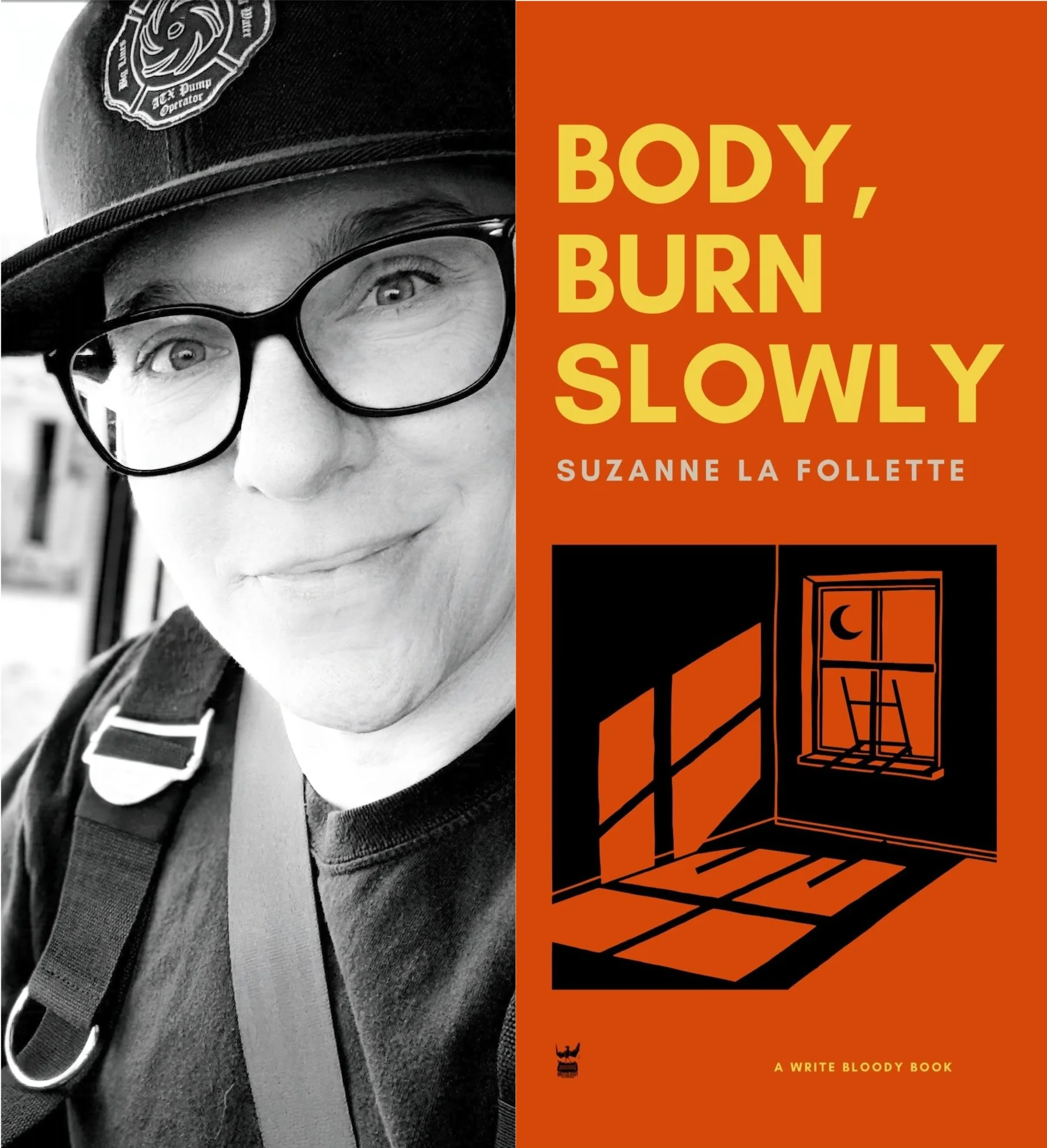 black and white closeup of a white woman in black rimmmed glasses and a cap wearing a car's shoulder belt nest to the orange cover of a book reading BODY, BURN SLOWLY Suzanne La Follette