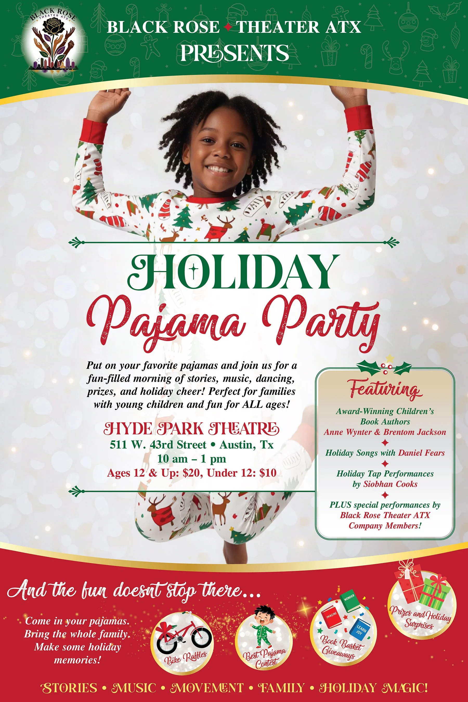 A young smiling black girl in red and green holiday pajamas leaping up, hands in the air; text as here