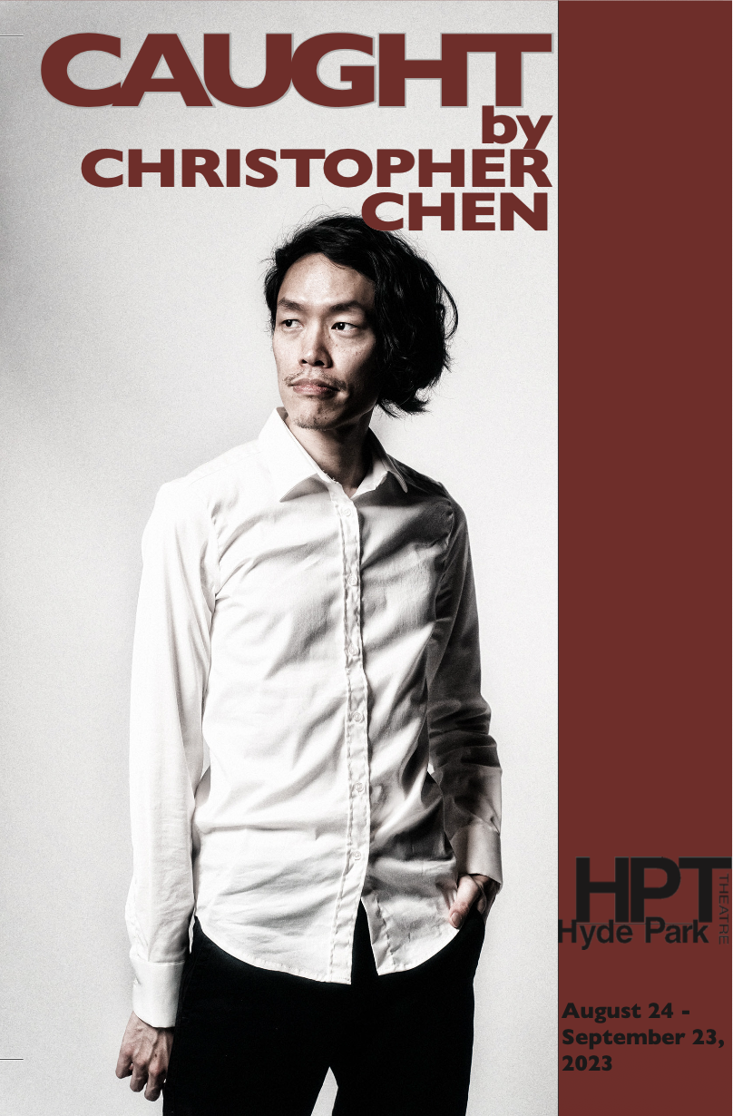 Cover of CAUGHT program featuring thin Asian Man in wrinked white button down looking to his right