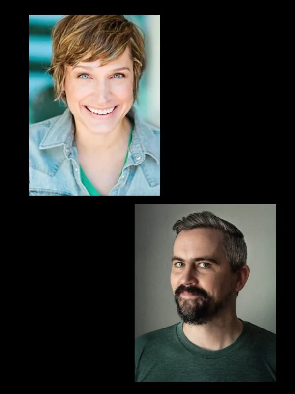 a white woman in a blue denim shirt with short brown hair and dazzling smile ; a white man in a green shirt with short slightly graying hair, mustache and short beard, and impish smile