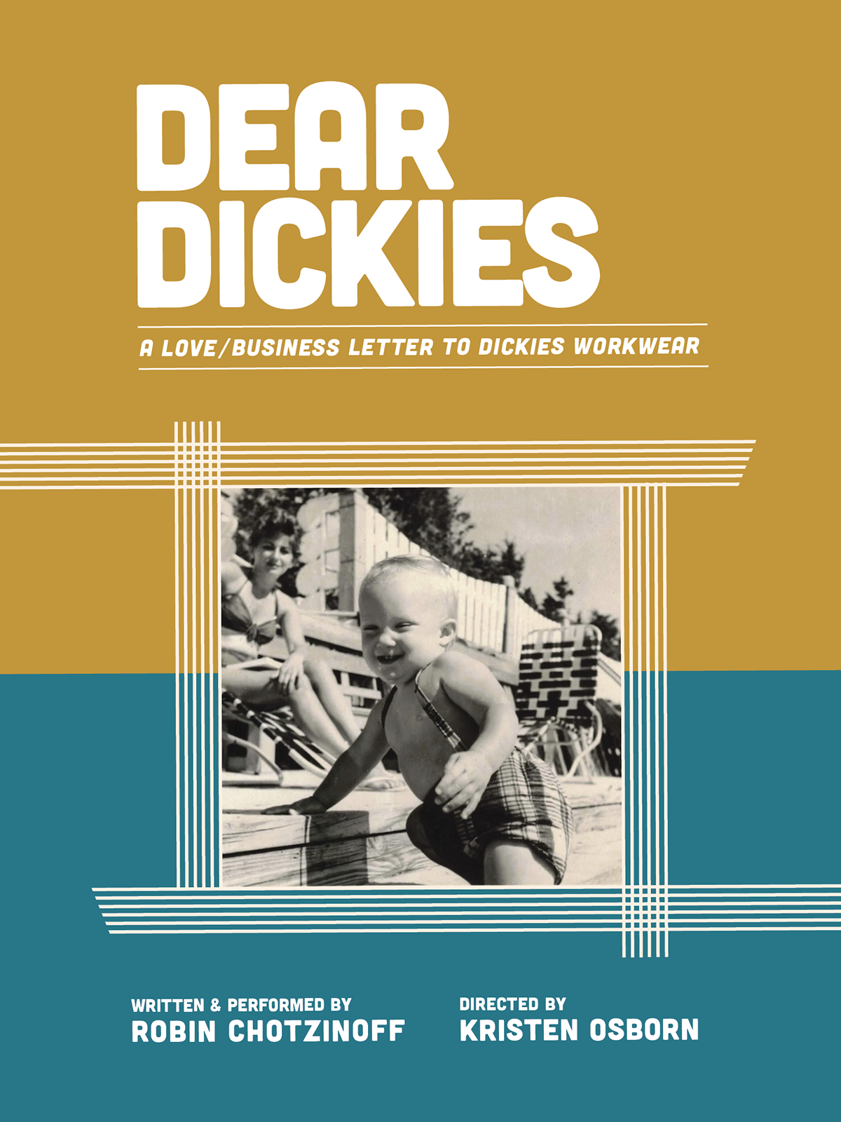 against a background of mustard yellow and green-blue, a black and white photo of a jolly baby at the end of a pool wearing plaid suspender shorts; a pretty woman in a bathing suit looks on from a lounge chair; text as on this page